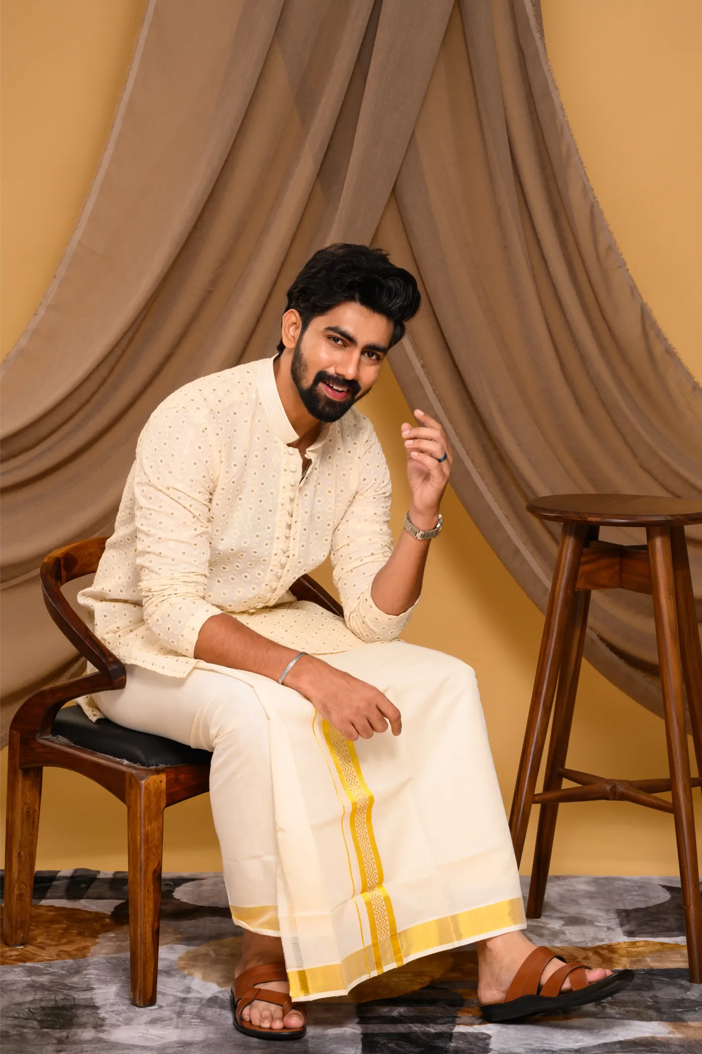 Off White Chikankari Kurta with small Golden Buta design (Kurta Only)