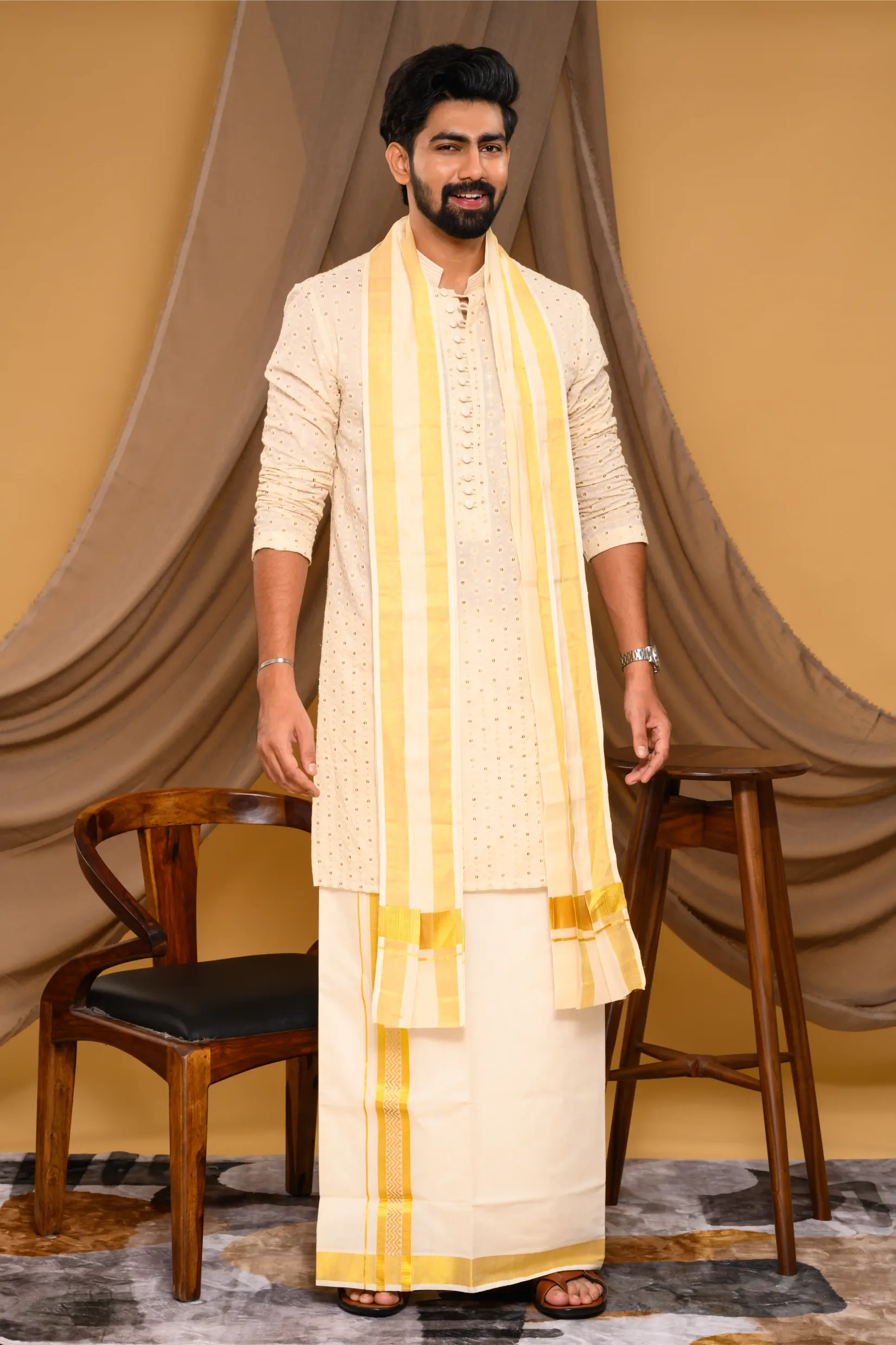 Off White Chikankari Kurta with small Golden Buta design (Kurta Only)