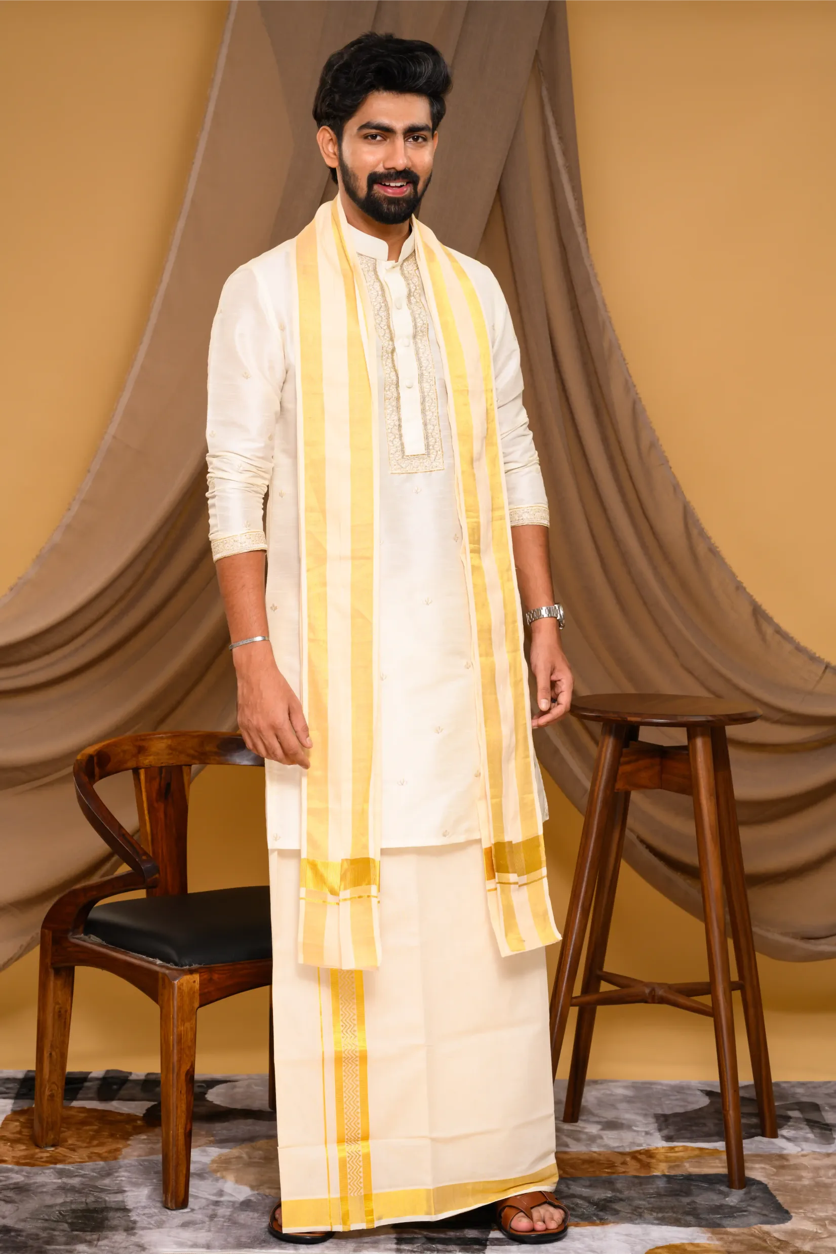 Off- White Silk Kurta with Hand Embroidery detailing on placket, neck border & sleeve edge - floral body spread work (Kurta Only)