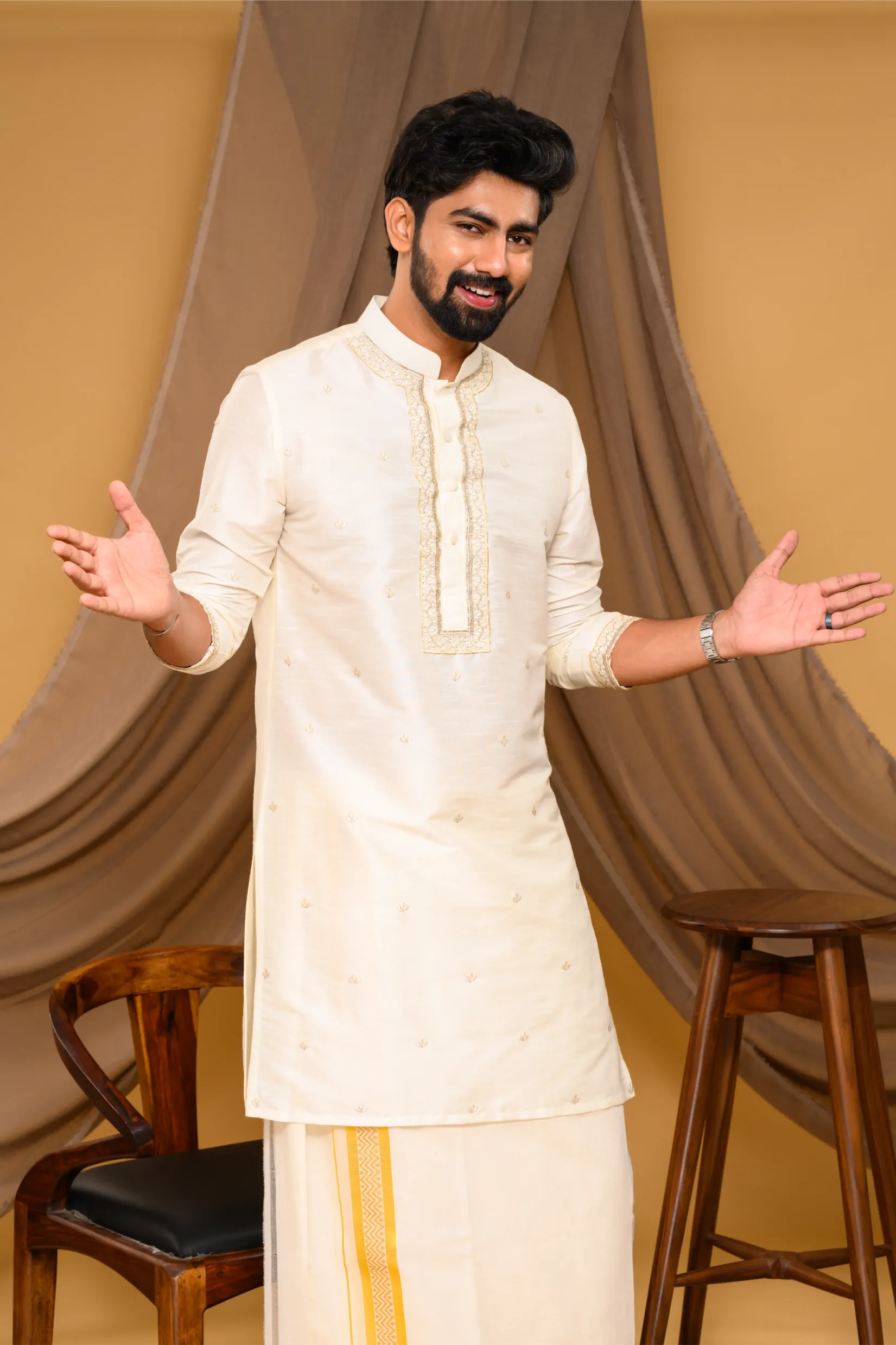 Off- White Silk Kurta with Hand Embroidery detailing on placket, neck border & sleeve edge - floral body spread work (Kurta Only)