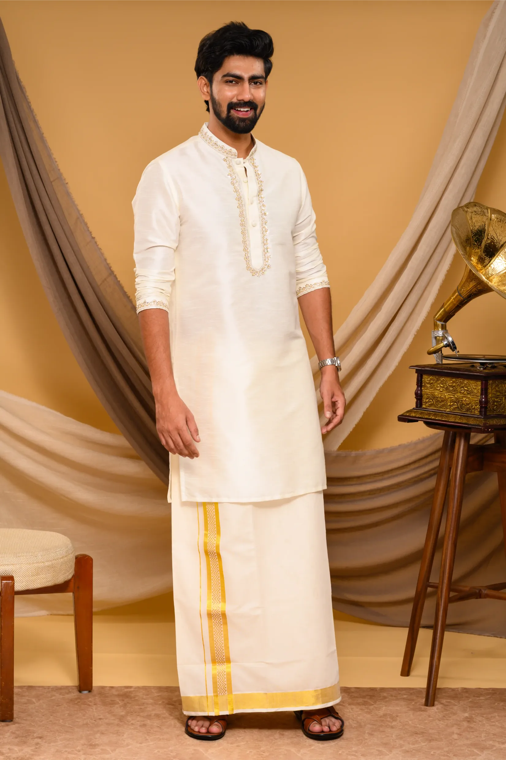 Off- White Silk Kurta with Hand Embroidery detailing on Neck, placket edge & sleeve edge - floral body spread work (Kurta Only)