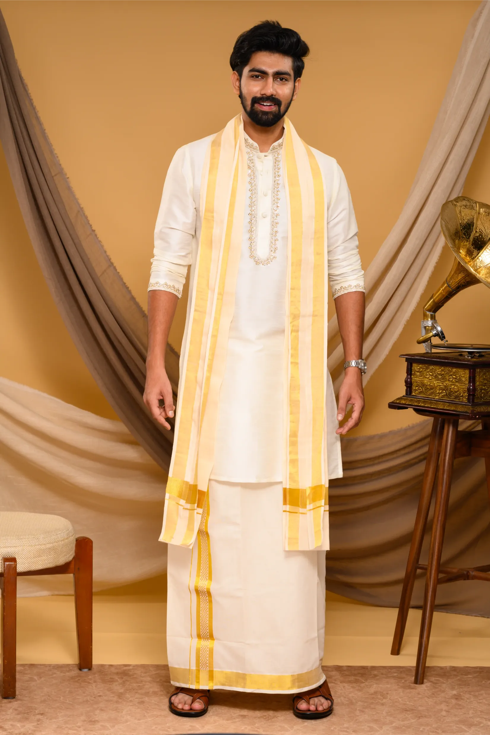 Off- White Silk Kurta with Hand Embroidery detailing on Neck, placket edge & sleeve edge - floral body spread work (Kurta Only)