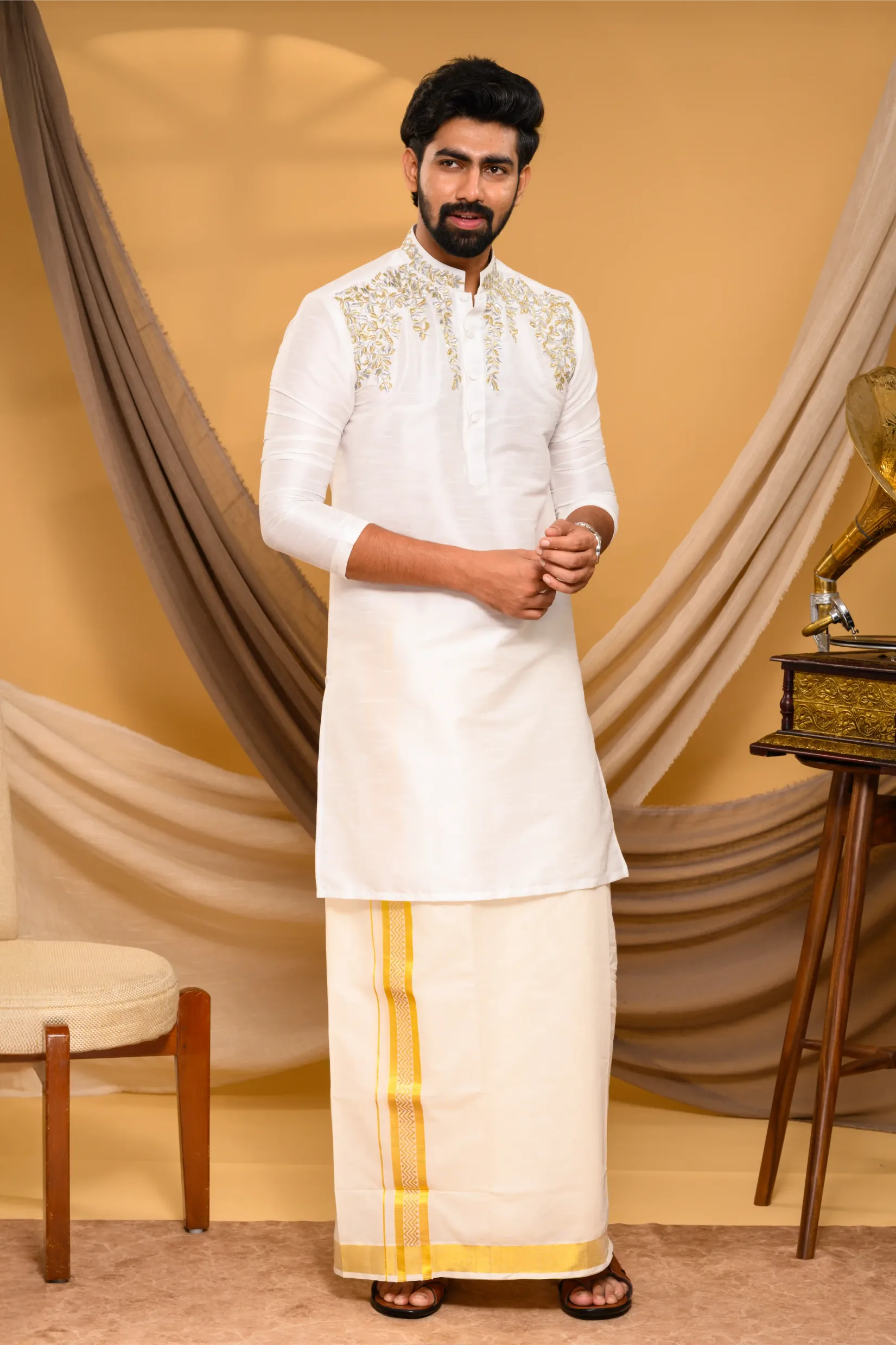 Off- White Silk Kurta with Hand Embroidery detailing on shoulder line & neck (Kurta Only)
