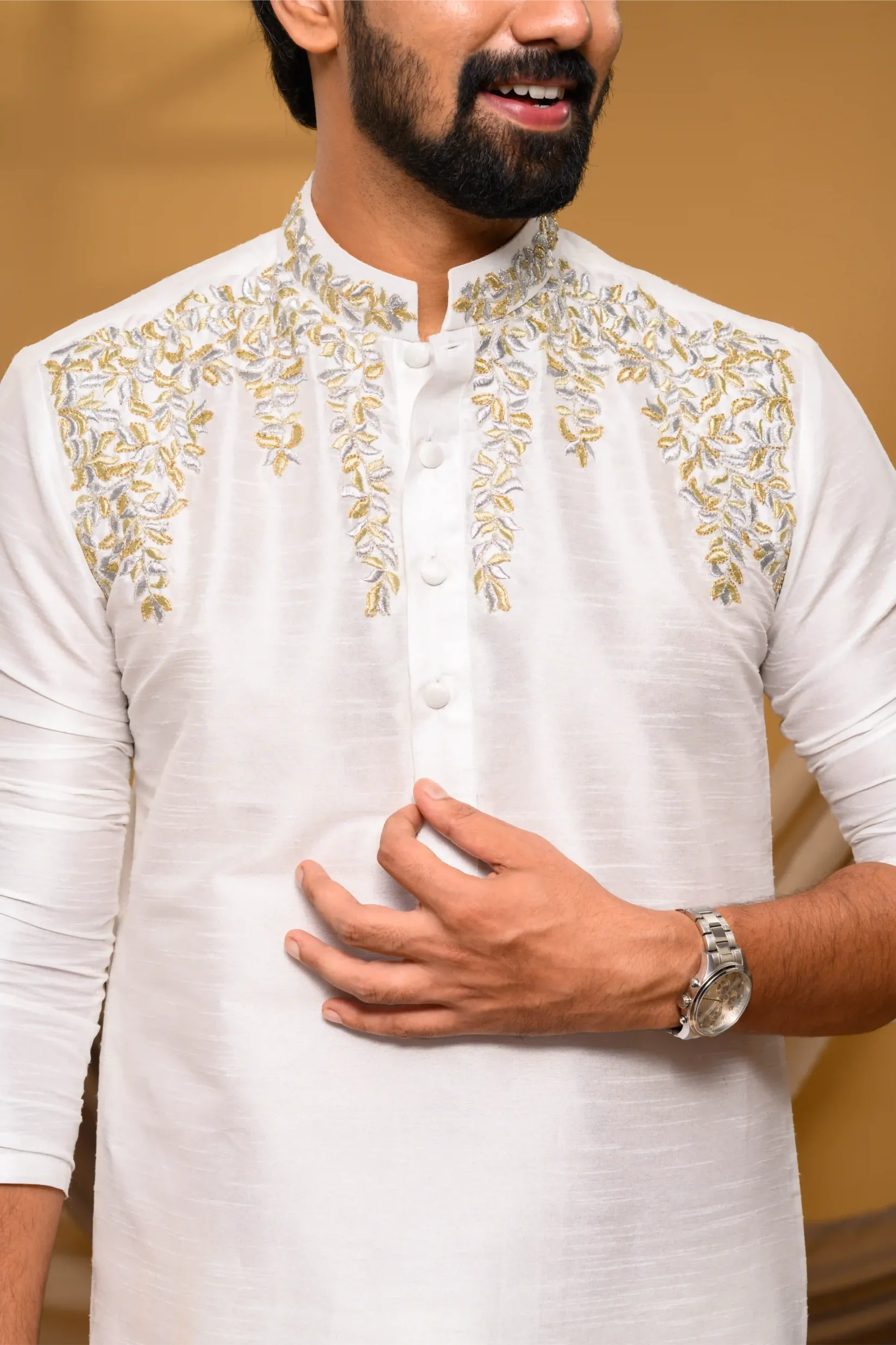 Off- White Silk Kurta with Hand Embroidery detailing on shoulder line & neck (Kurta Only)