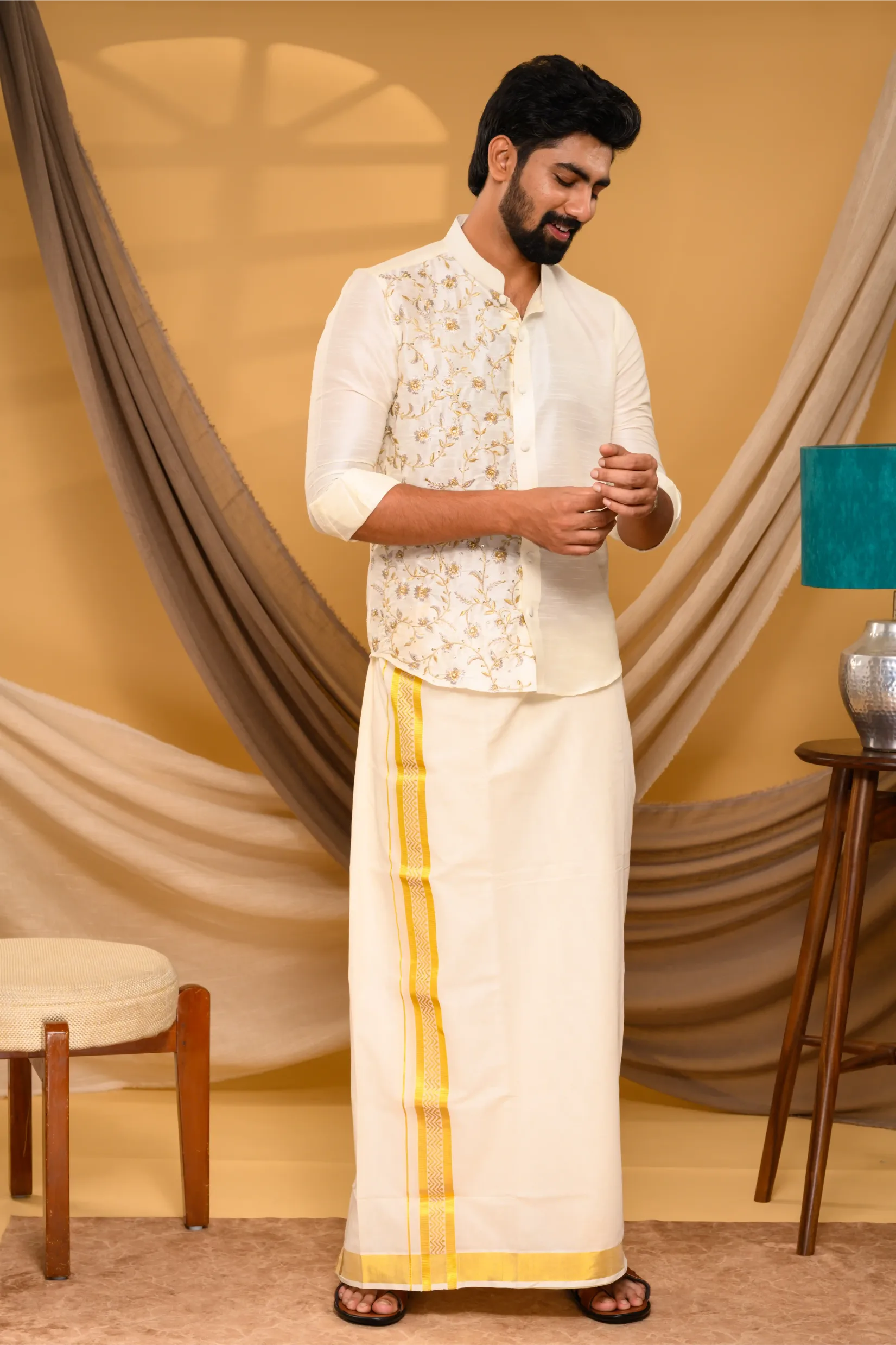 Off White Traditional Shirt with Golden Handwork detailing on Sinlge Side Bodice (Shirt Only)