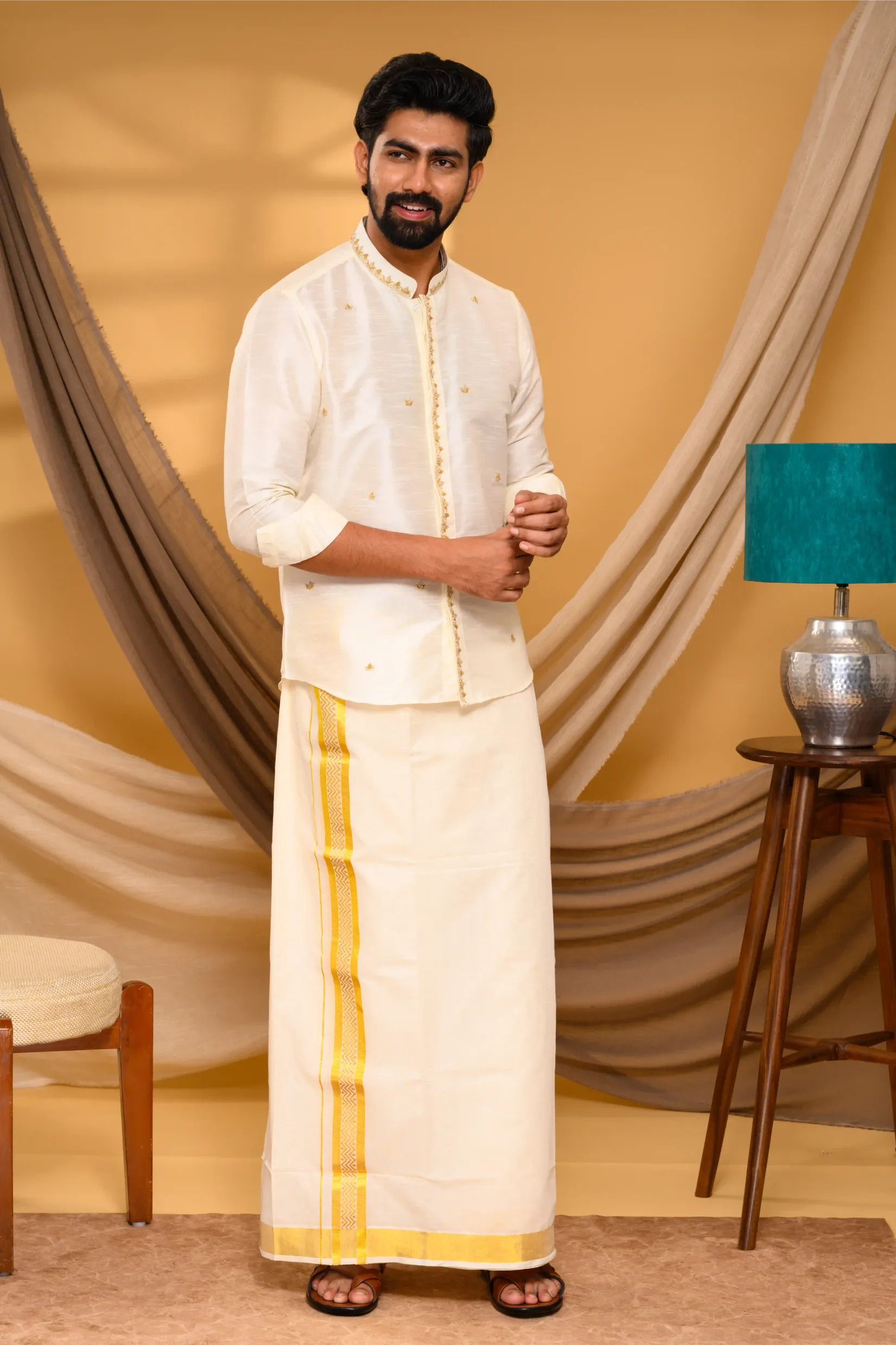 Off White Traditional Shirt with Golden Handwork detailing on Neck & concealed placket (Shirt Only)