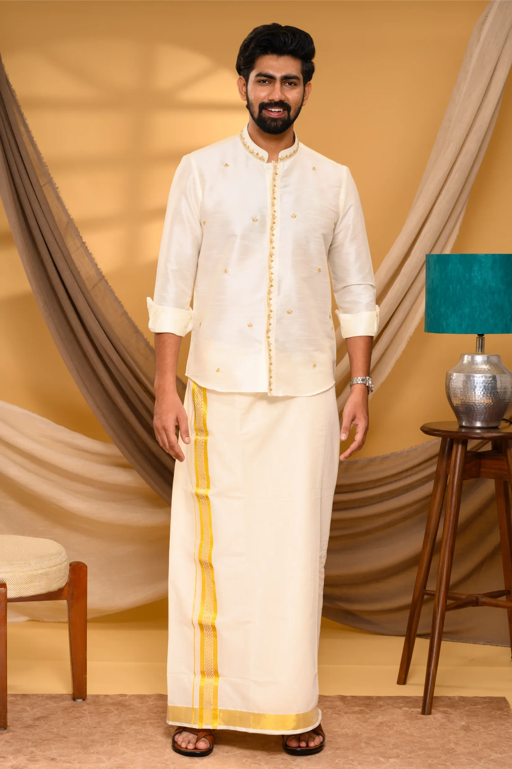 Off White Traditional Shirt with Golden Handwork detailing on Neck & concealed placket (Shirt Only)