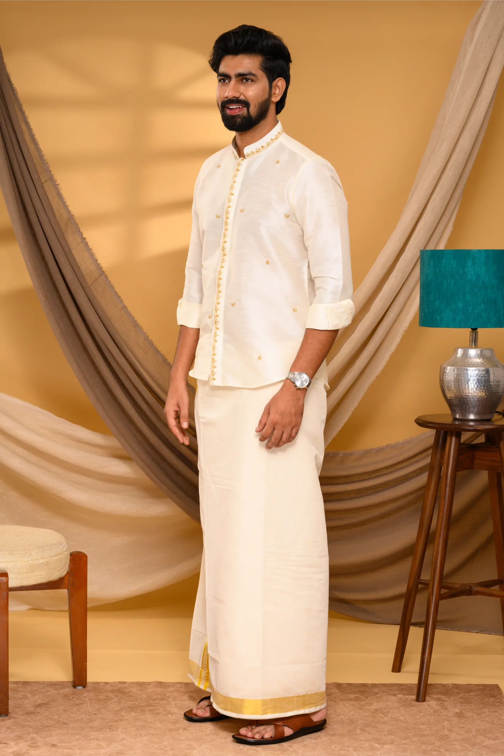 Off White Traditional Shirt with Golden Handwork detailing on Neck & concealed placket (Shirt Only)