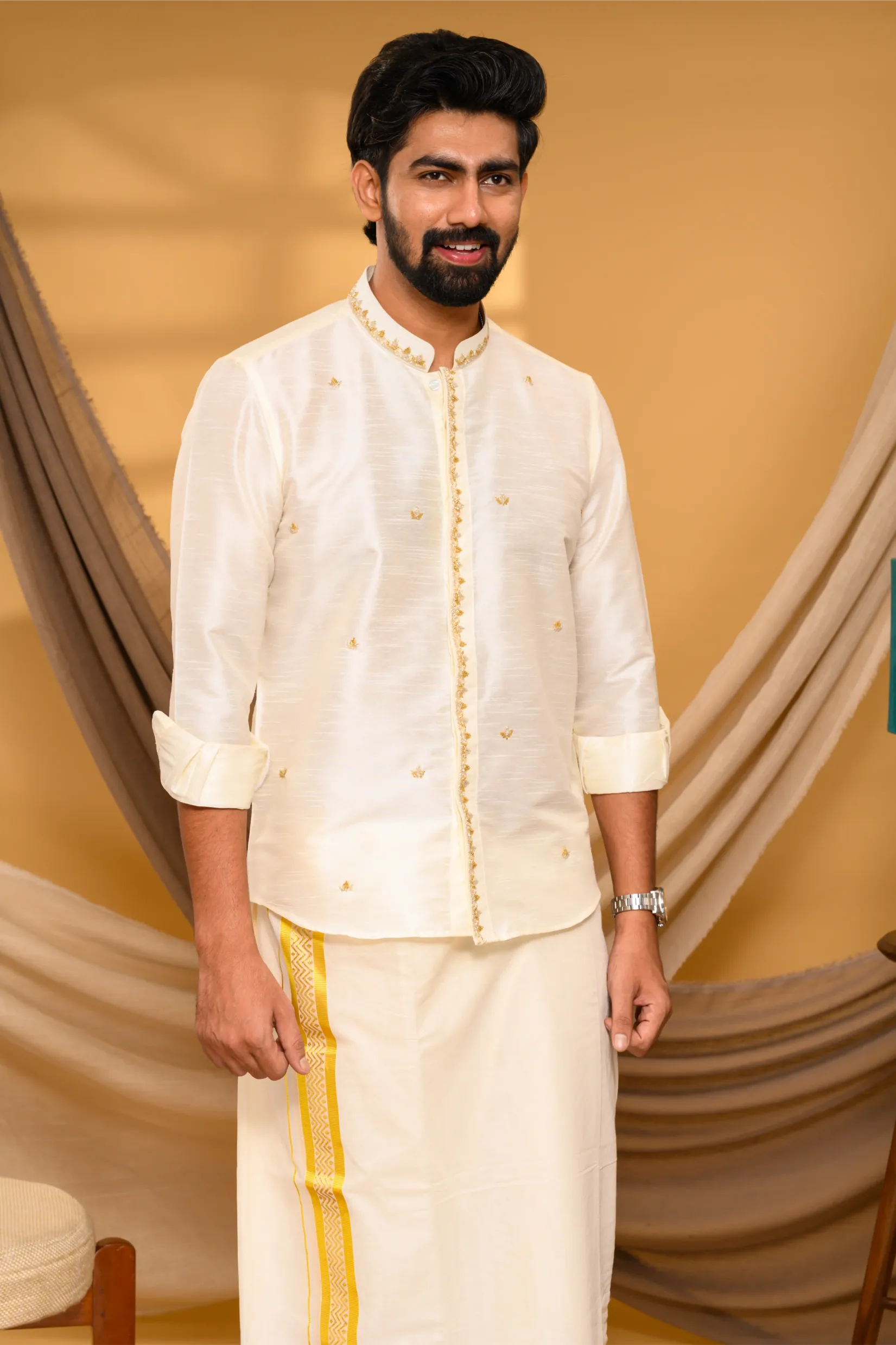 Off White Traditional Shirt with Golden Handwork detailing on Neck & concealed placket (Shirt Only)