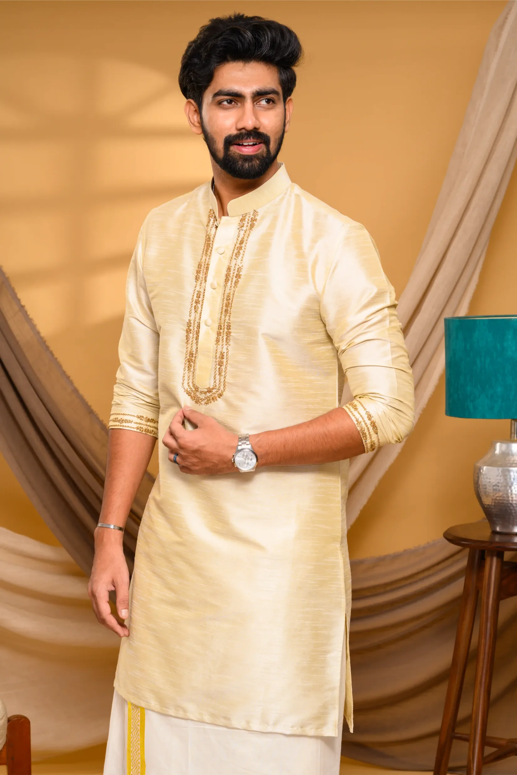 Light Golden Silk Kurta with Golden Chain Handwork detailing on placket border & sleeve edge (Kurta Only)