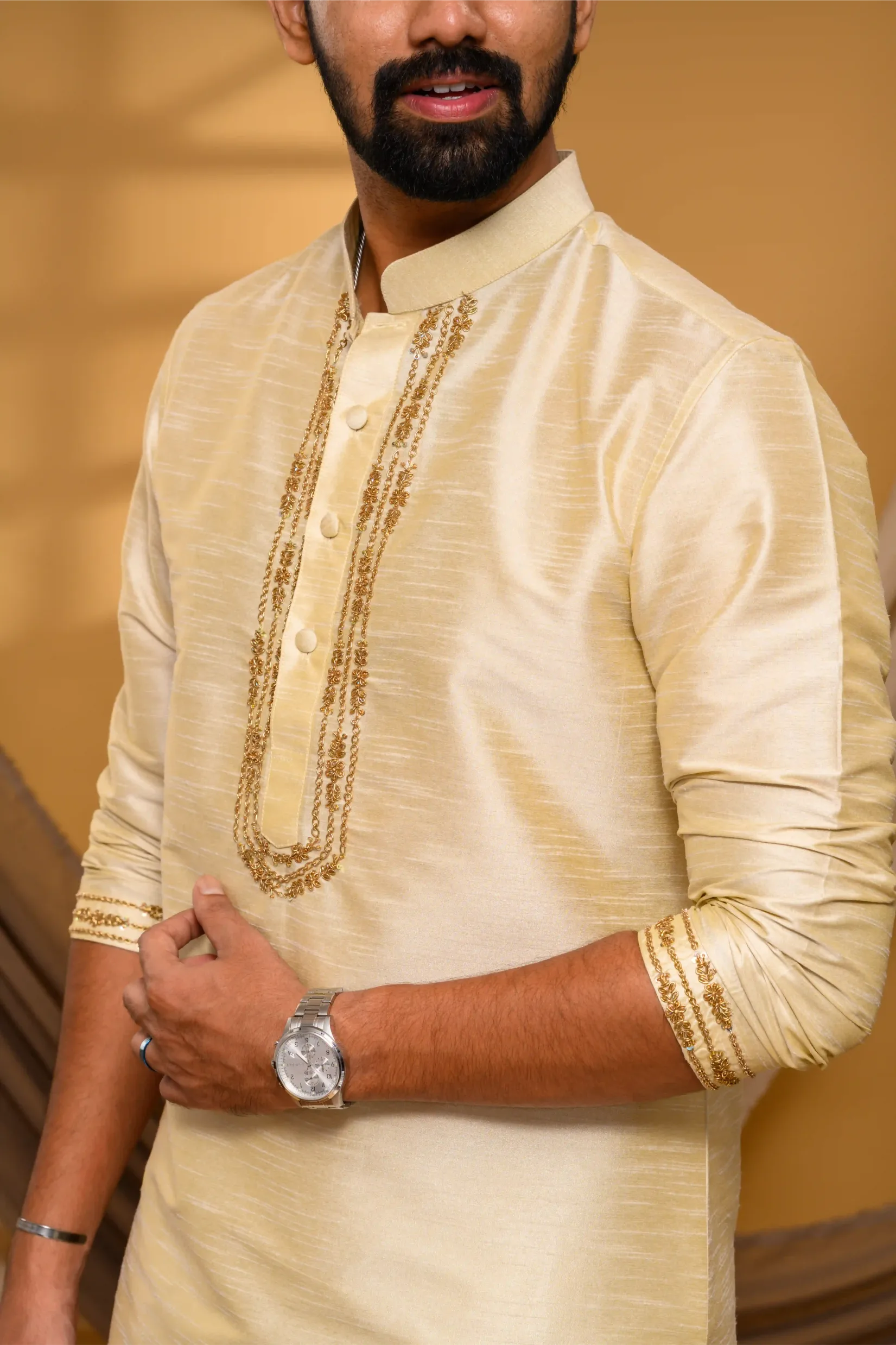 Light Golden Silk Kurta with Golden Chain Handwork detailing on placket border & sleeve edge (Kurta Only)
