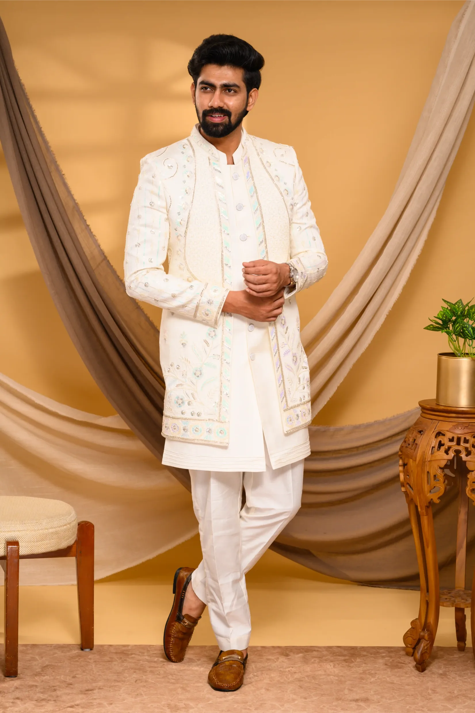 Ivory Shade Open Indo Western Slim Jacket with floral hand embroidery & surface embroidery paired with Kurta & Narrow Pants (Set of 3)