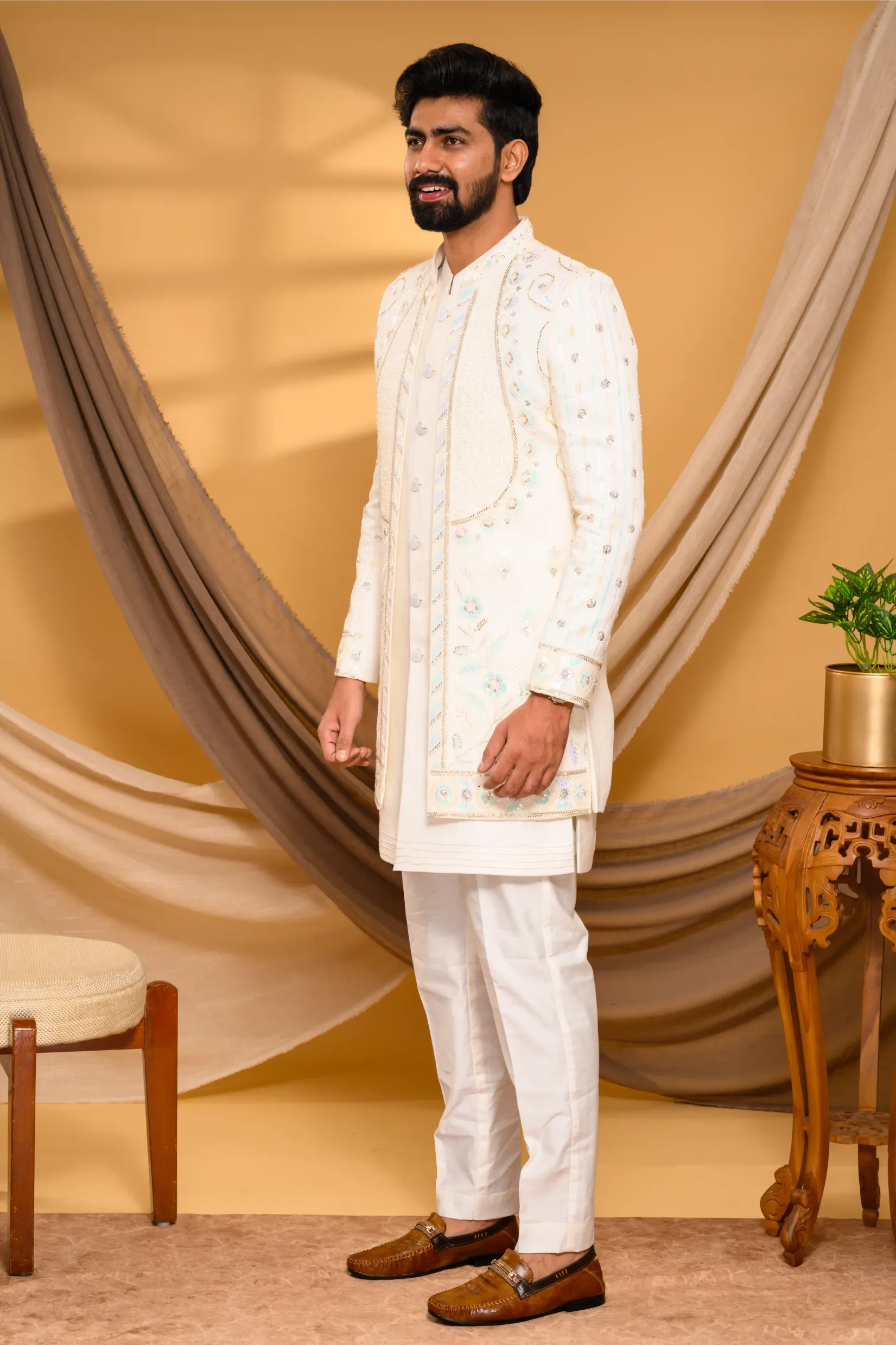Ivory Shade Open Indo Western Slim Jacket with floral hand embroidery & surface embroidery paired with Kurta & Narrow Pants  (Set of 3)