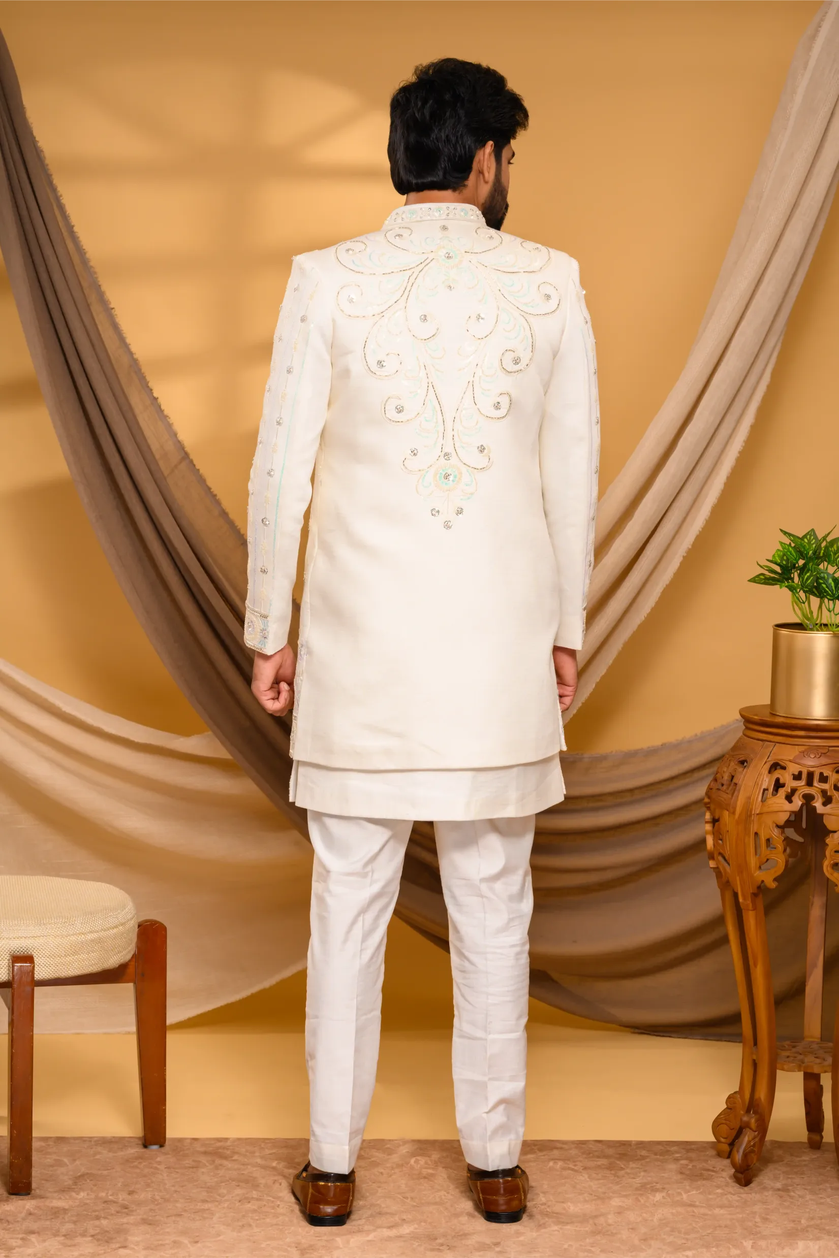 Ivory Shade Open Indo Western Slim Jacket with floral hand embroidery & surface embroidery paired with Kurta & Narrow Pants  (Set of 3)