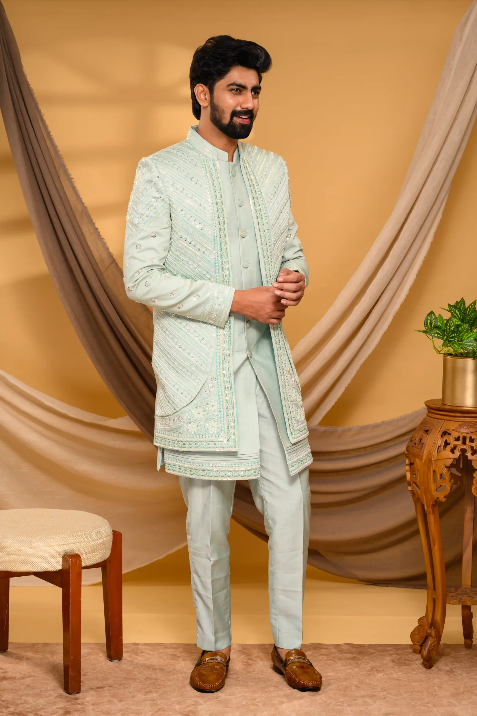 Embroidered Pastel Mint Shade Open Indo Western Slim Jacket paired with Kurta & Narrow Pants  (Set of 3)