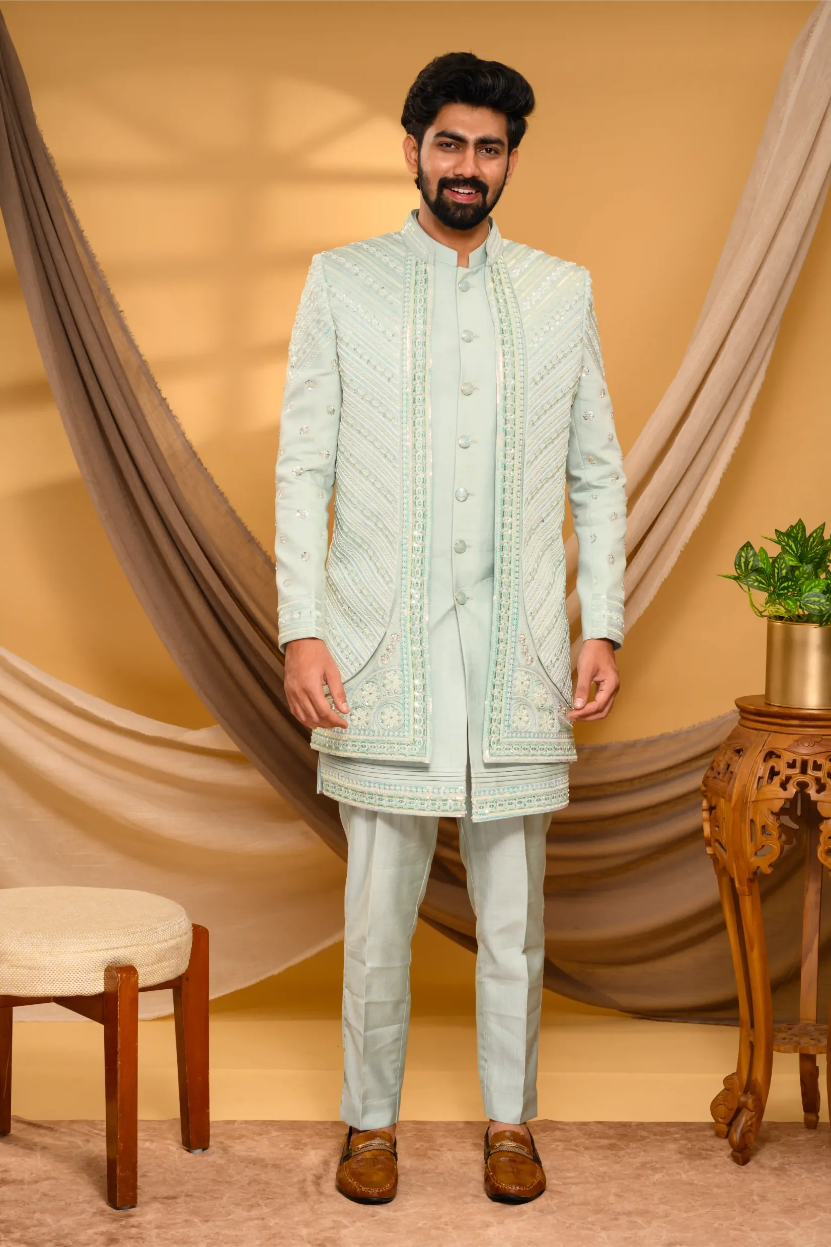 Embroidered Pastel Mint Shade Open Indo Western Slim Jacket paired with Kurta & Narrow Pants  (Set of 3)