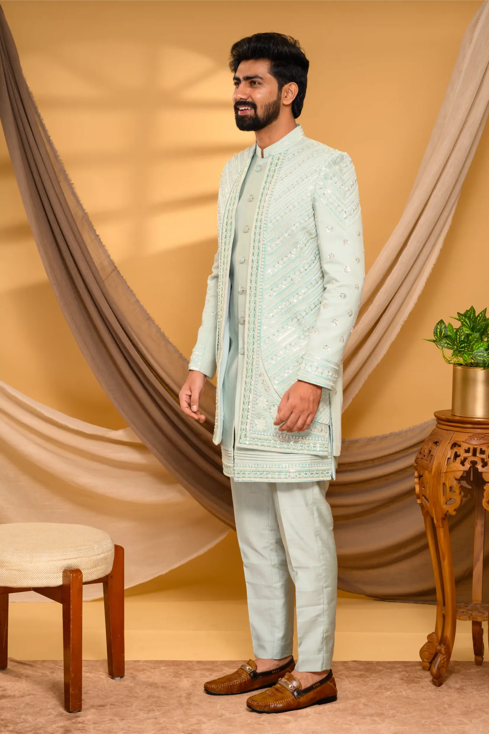 Embroidered Pastel Mint Shade Open Indo Western Slim Jacket paired with Kurta & Narrow Pants  (Set of 3)