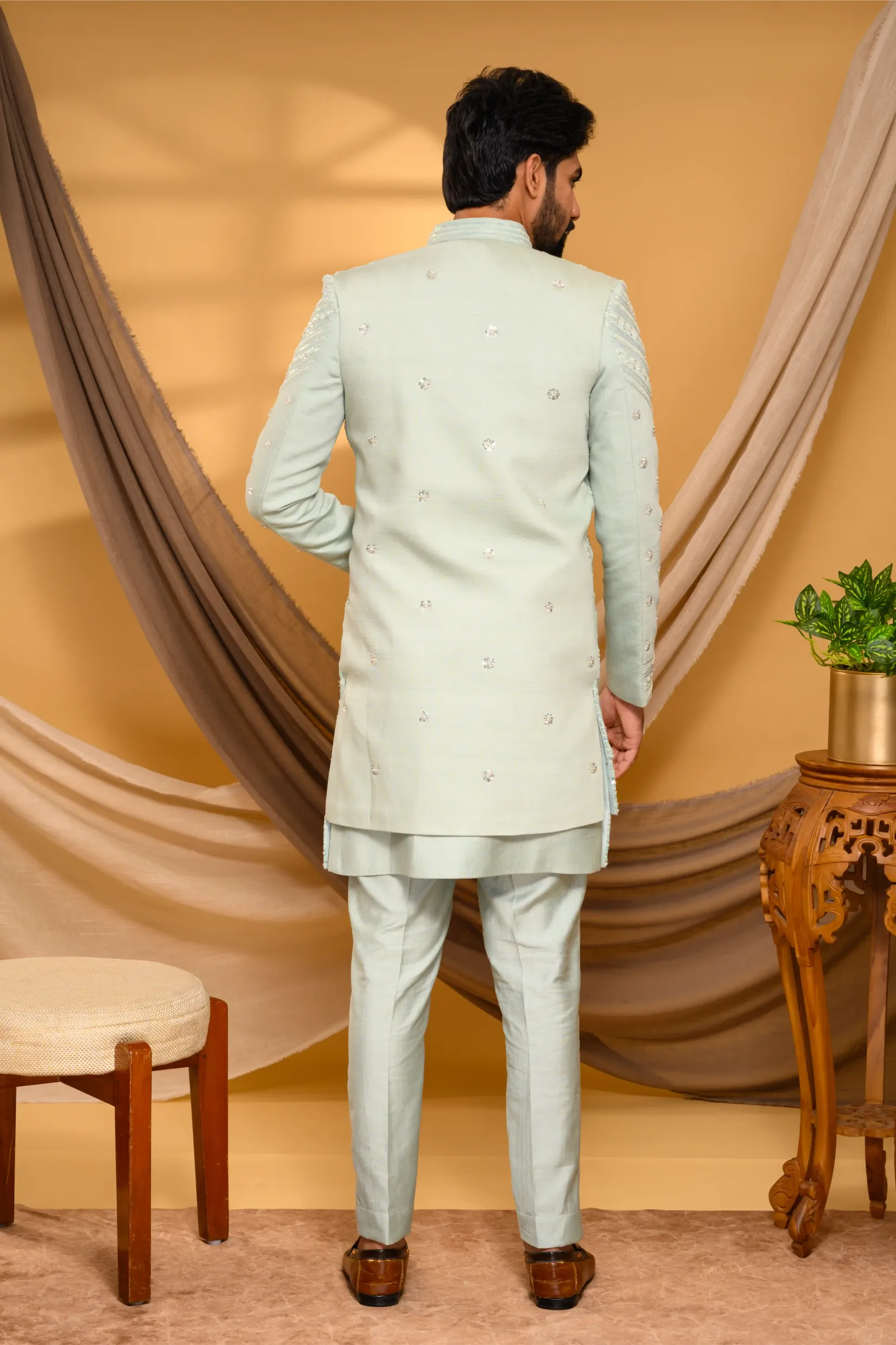 Embroidered Pastel Mint Shade Open Indo Western Slim Jacket paired with Kurta & Narrow Pants  (Set of 3)