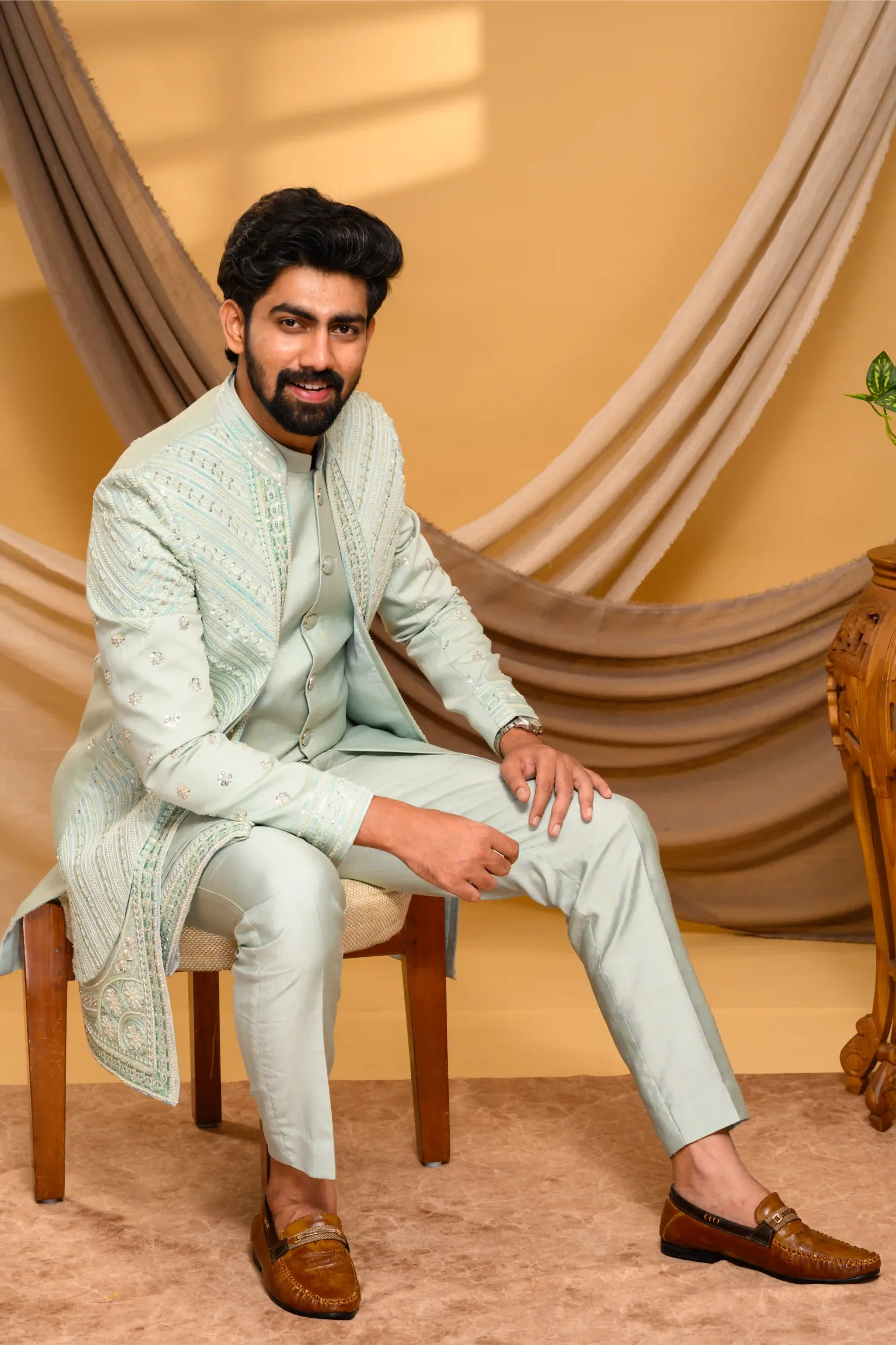 Embroidered Pastel Mint Shade Open Indo Western Slim Jacket paired with Kurta & Narrow Pants (Set of 3)