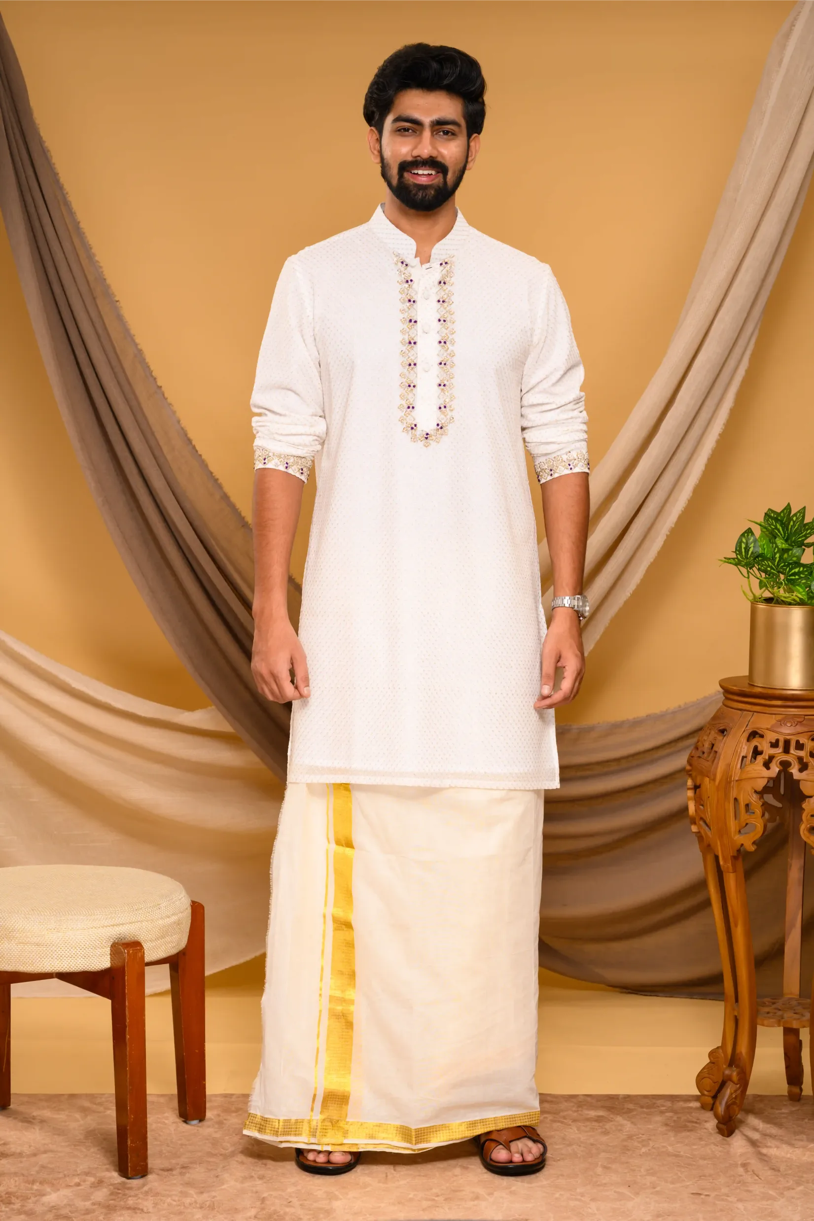 Ivory Chikankari Kurta with Hand Embroidery detailing on placket & sleeve edge (Kurta Only)