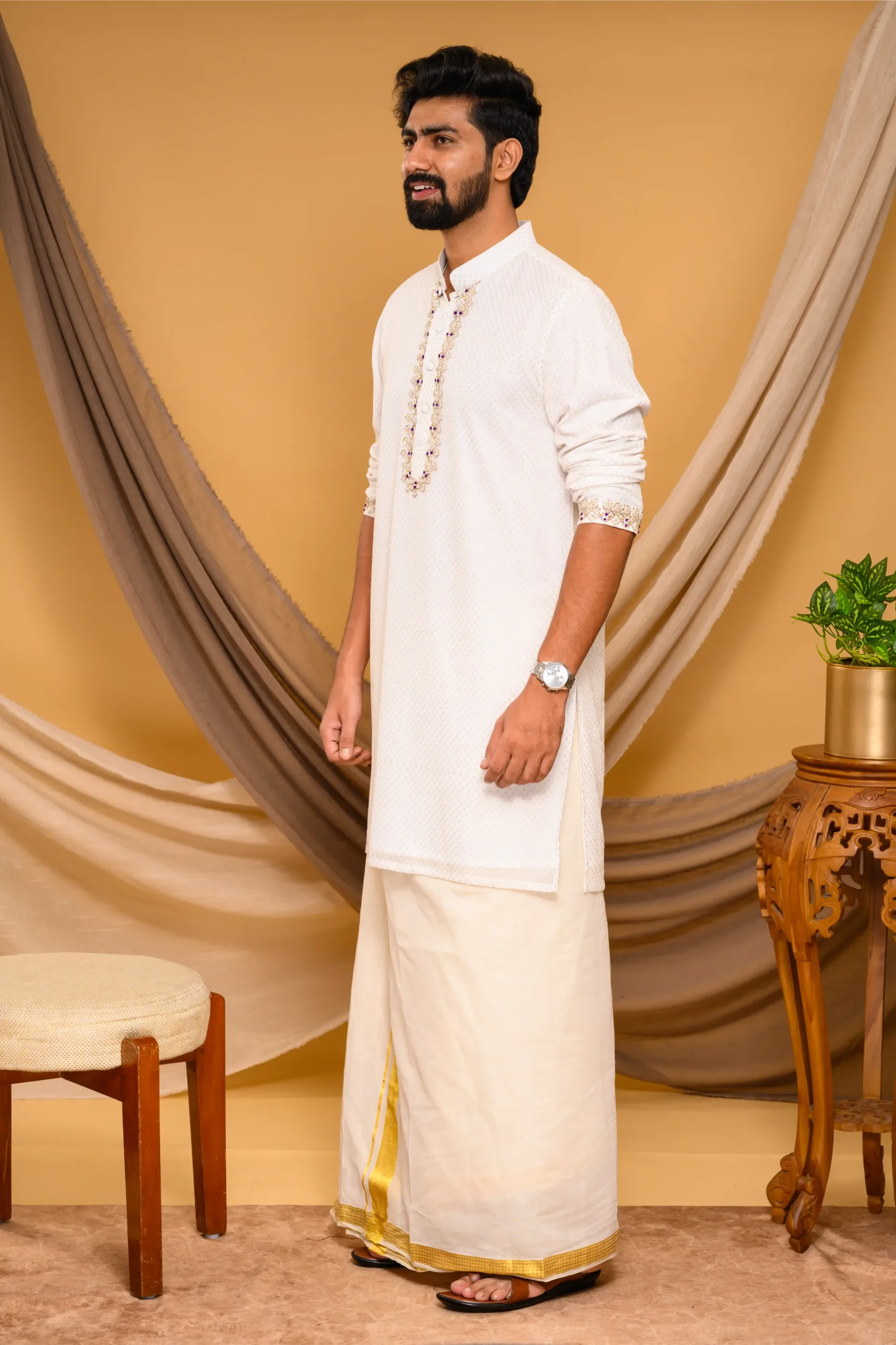 Ivory Chikankari Kurta with Hand Embroidery detailing on placket & sleeve edge (Kurta Only)