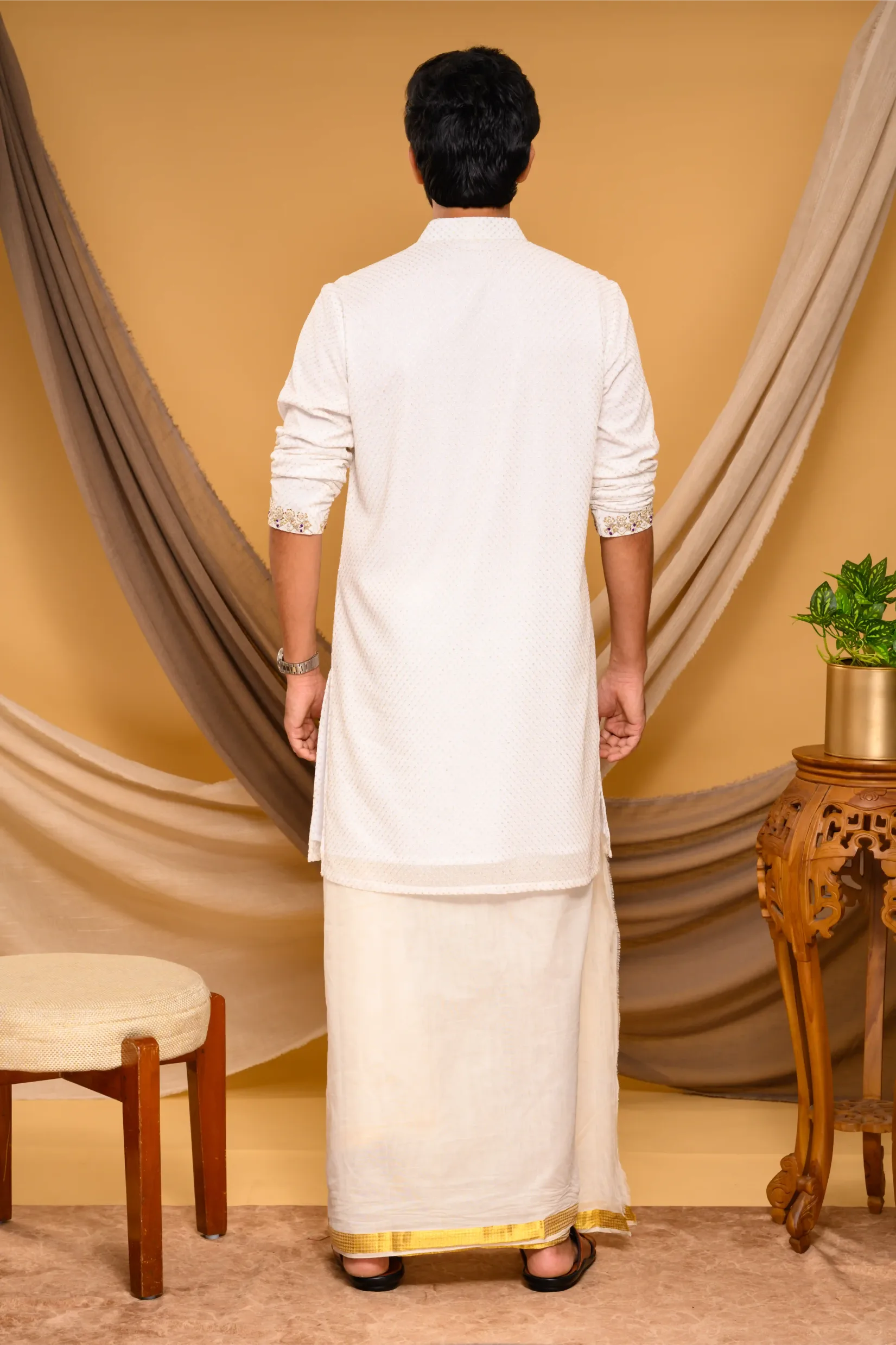 Ivory Chikankari Kurta with Hand Embroidery detailing on placket & sleeve edge (Kurta Only)