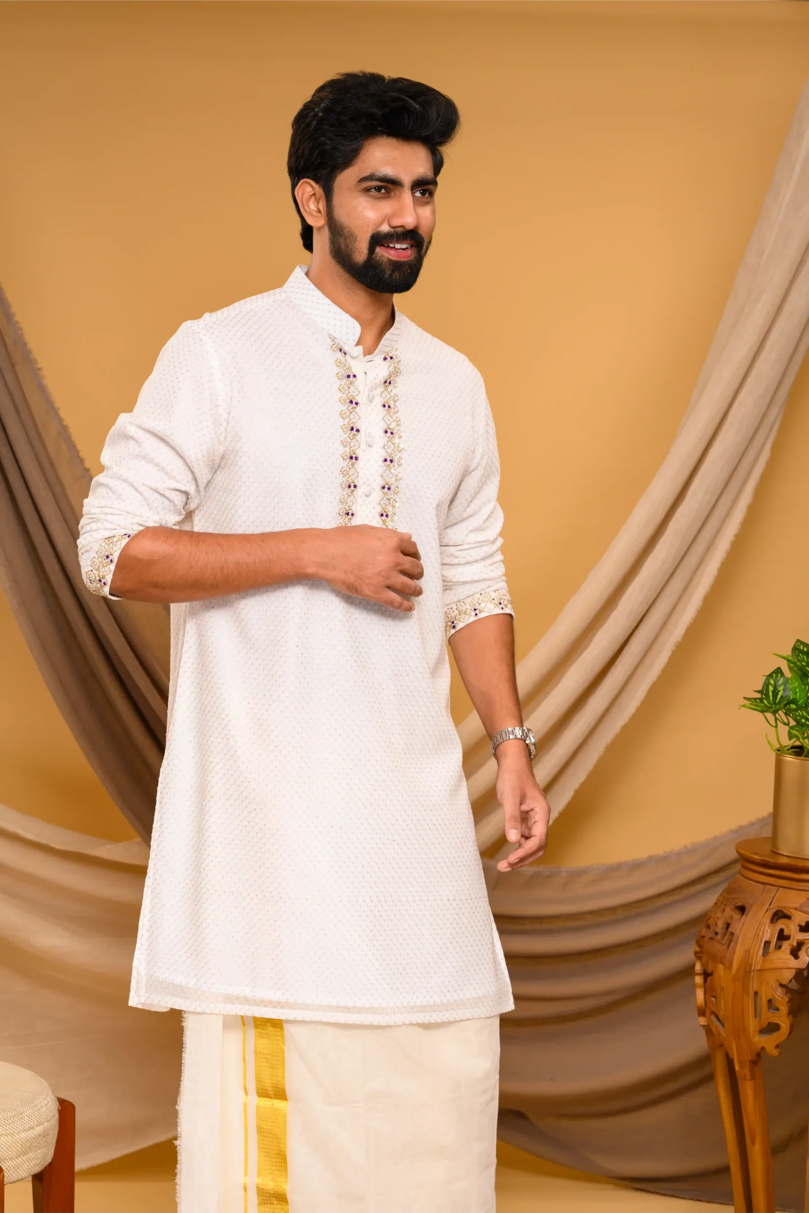 Ivory Chikankari Kurta with Hand Embroidery detailing on placket & sleeve edge (Kurta Only)