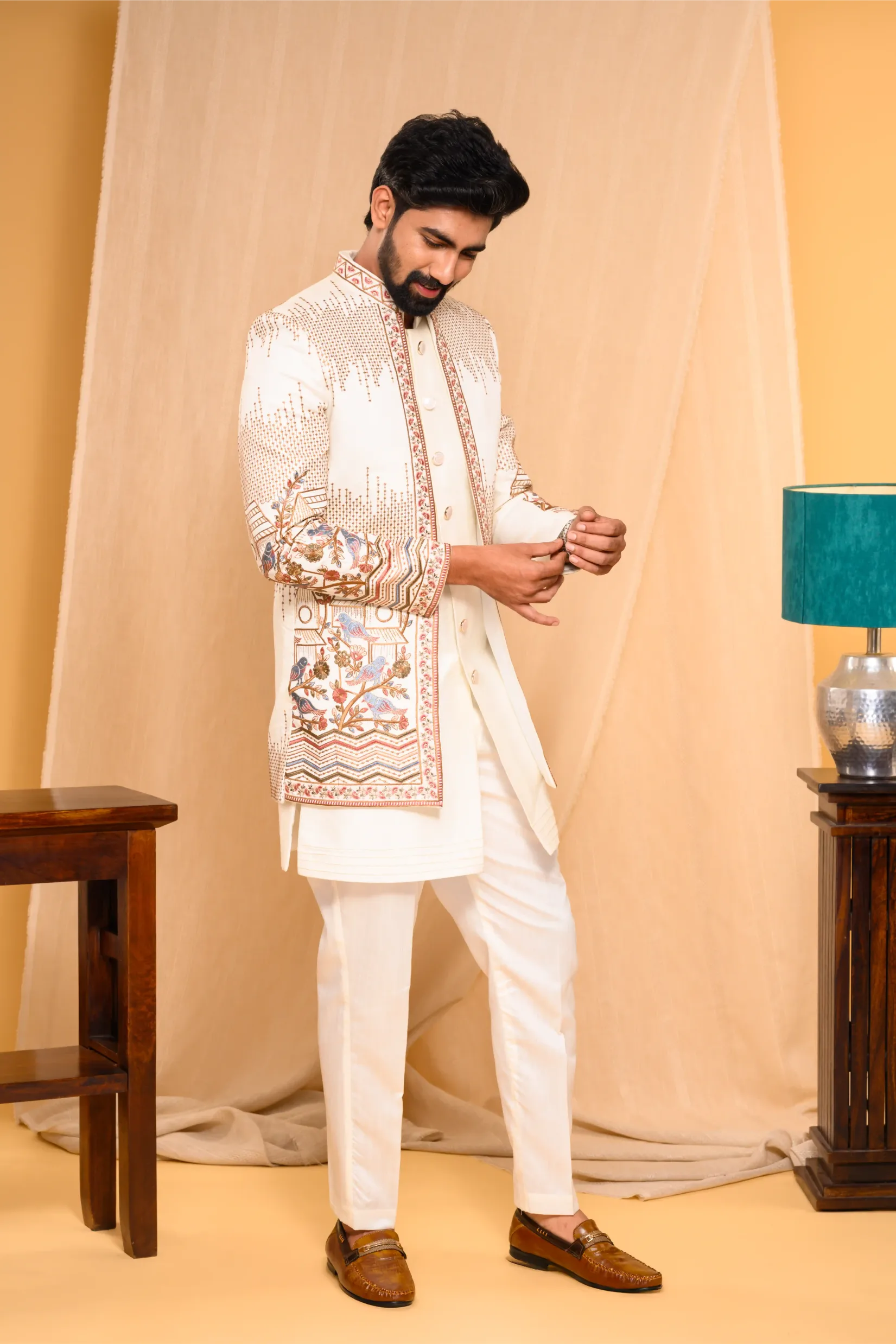 Embroidered Ivory Shade Open Indo Western Slim Jacket paired with Kurta & Narrow Pants (Set of 3)