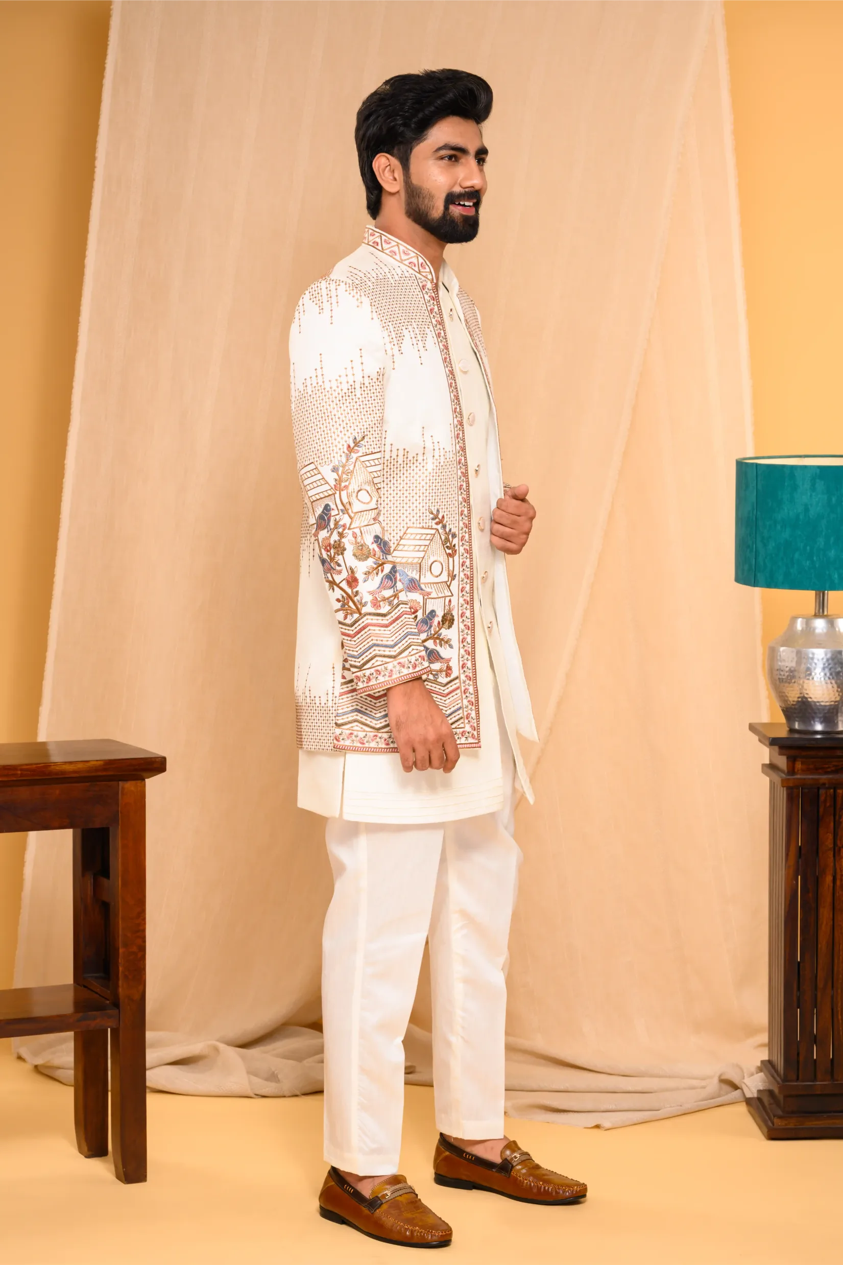 Embroidered Ivory Shade Open Indo Western Slim Jacket paired with Kurta & Narrow Pants (Set of 3)