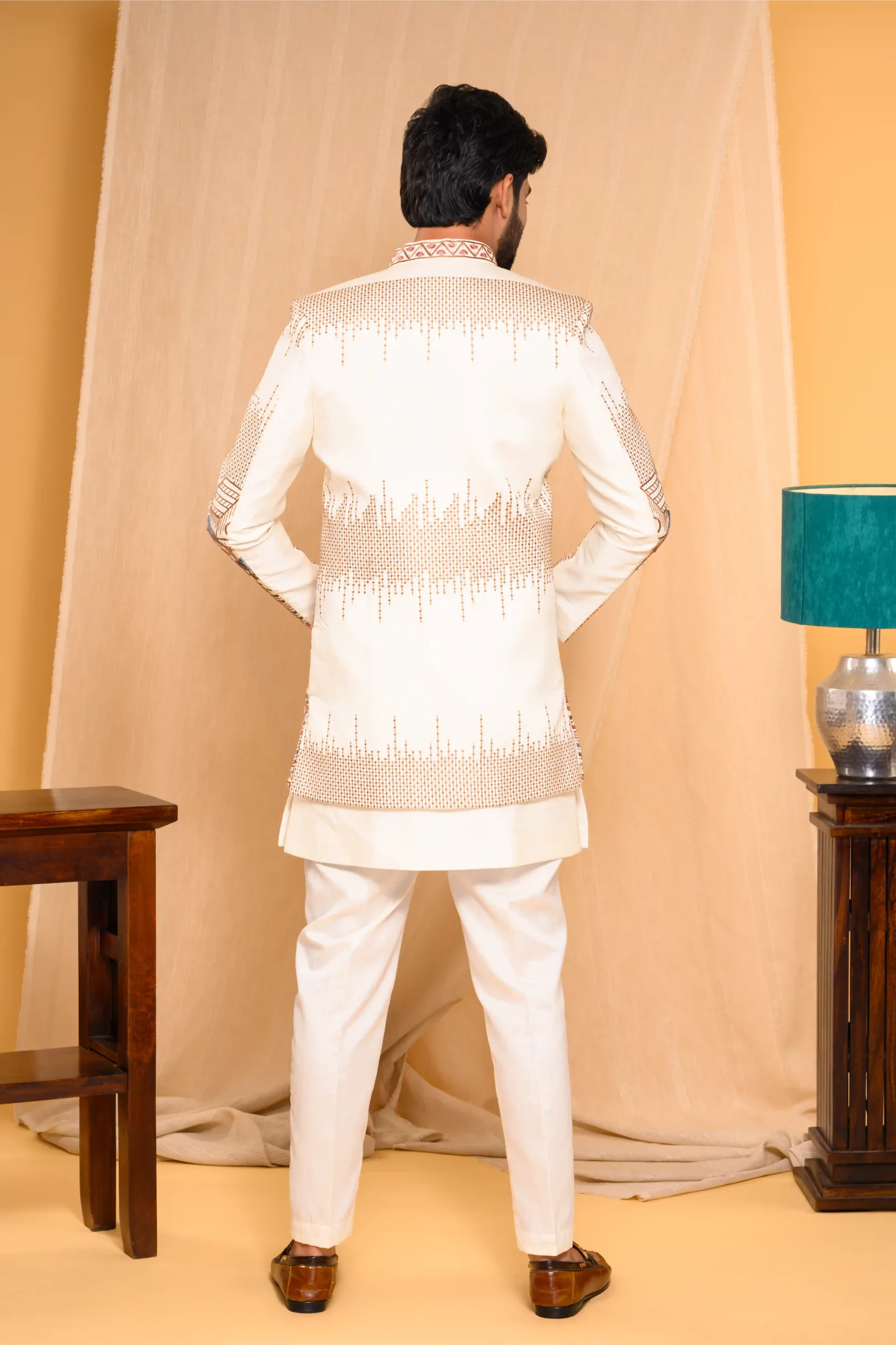 Embroidered Ivory Shade Open Indo Western Slim Jacket paired with Kurta & Narrow Pants  (Set of 3)
