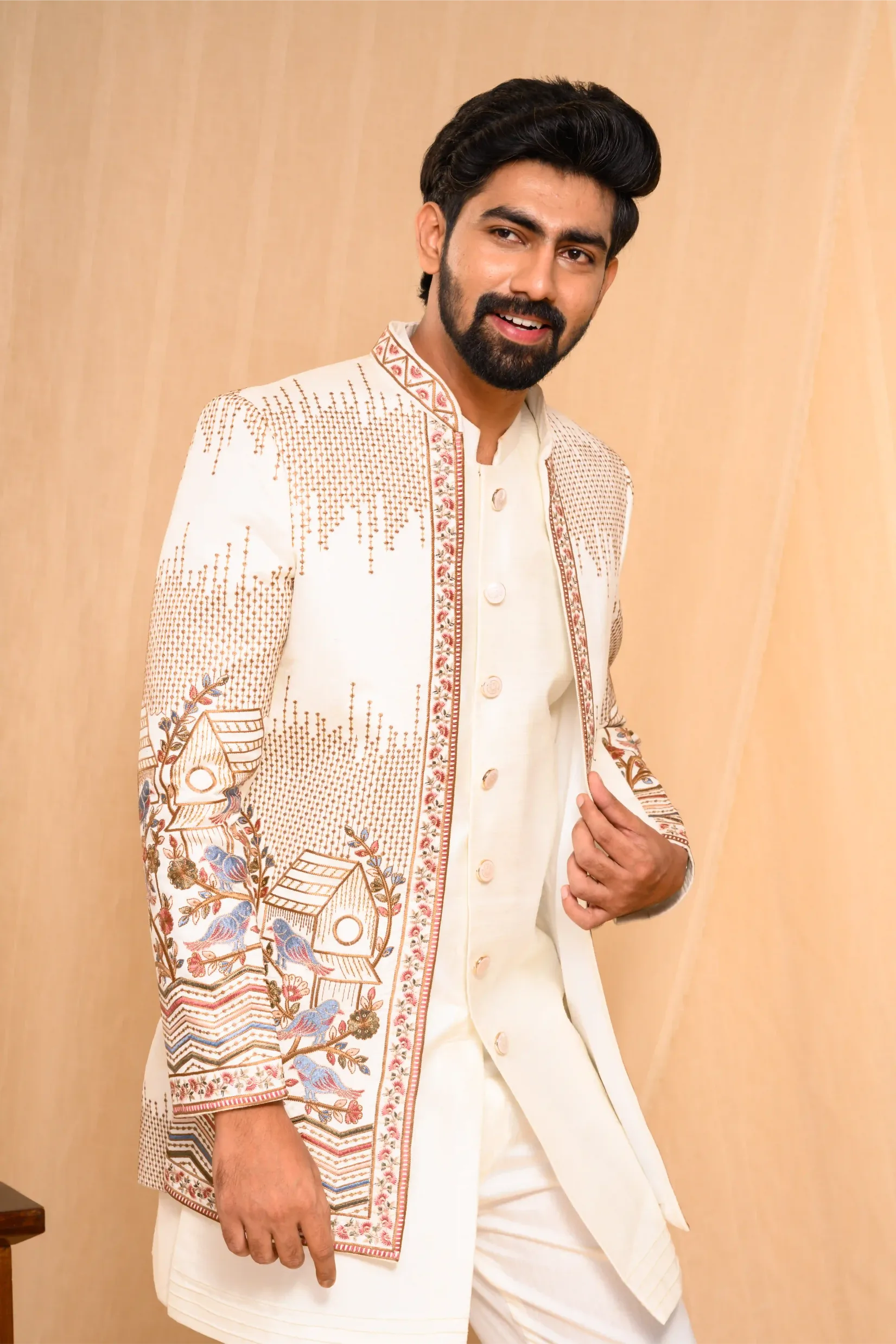 Embroidered Ivory Shade Open Indo Western Slim Jacket paired with Kurta & Narrow Pants (Set of 3)