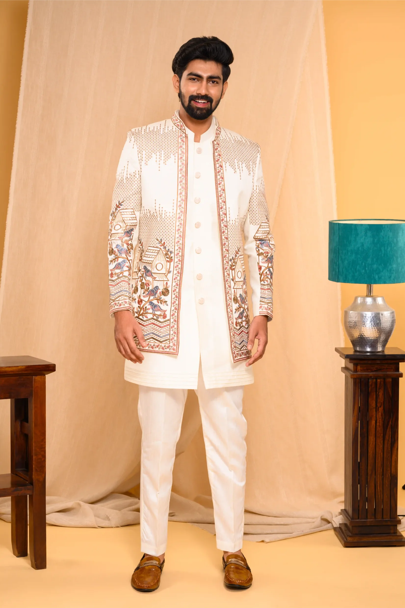 Embroidered Ivory Shade Open Indo Western Slim Jacket paired with Kurta & Narrow Pants  (Set of 3)