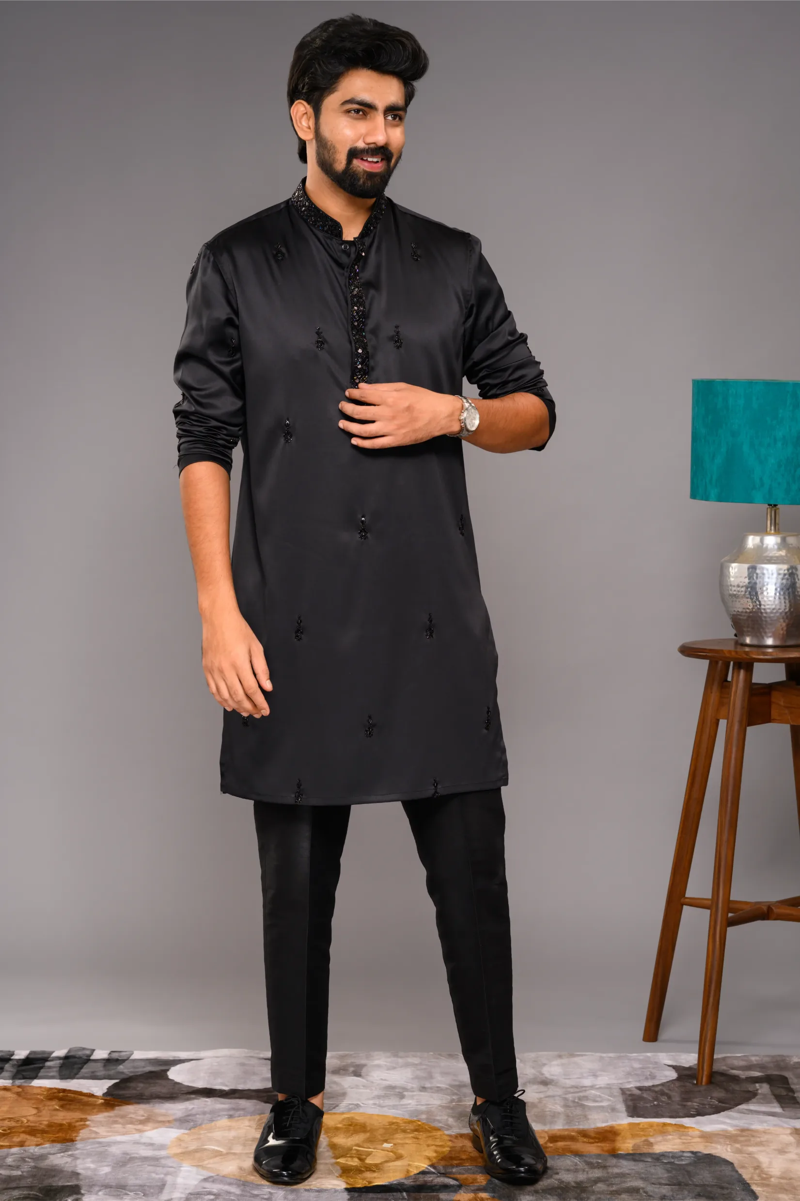 Festive Glossy Black Kurta with Hand Embroidery Detailing (Kurta Only)
