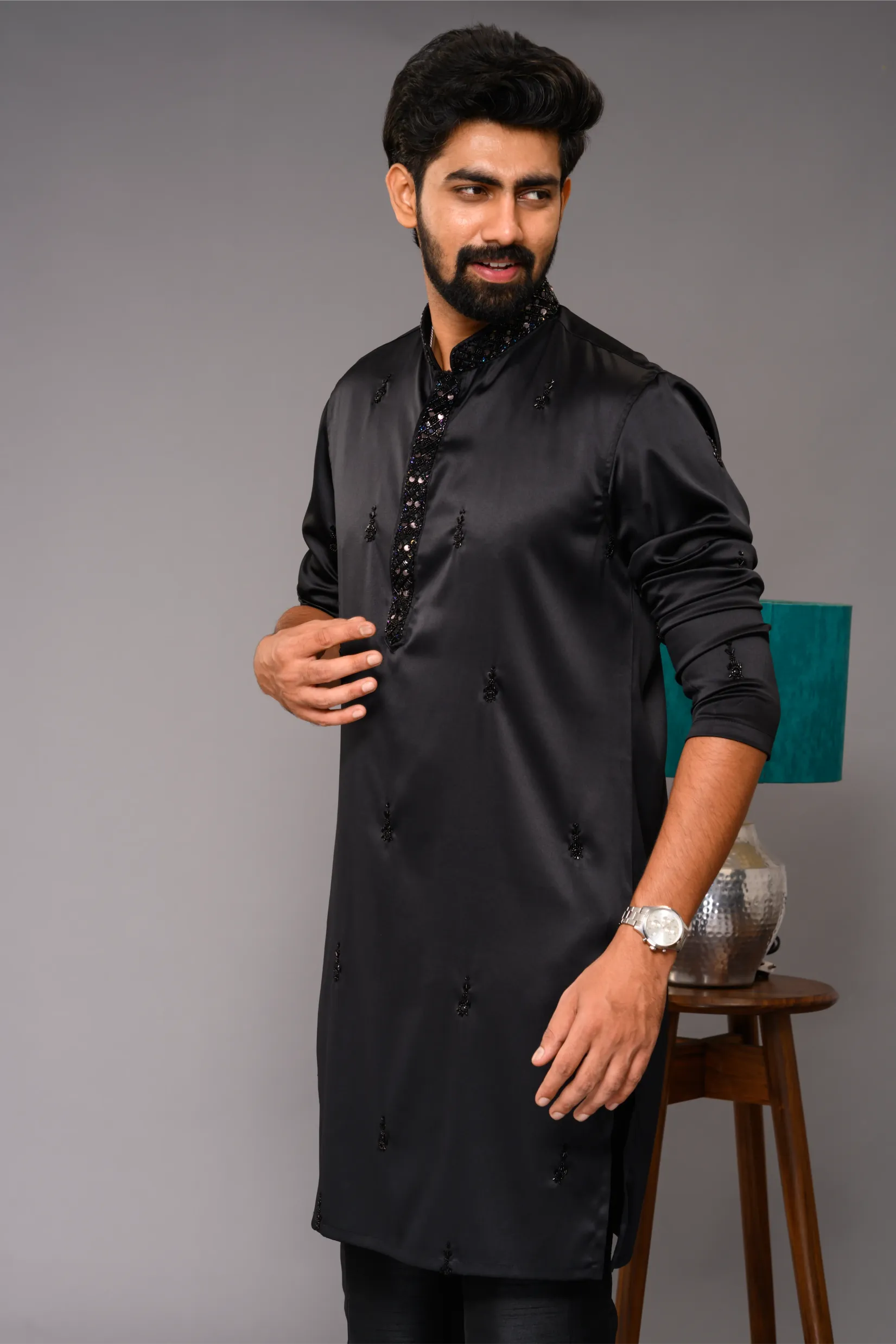 Festive Glossy Black Kurta with Hand Embroidery Detailing (Kurta Only)