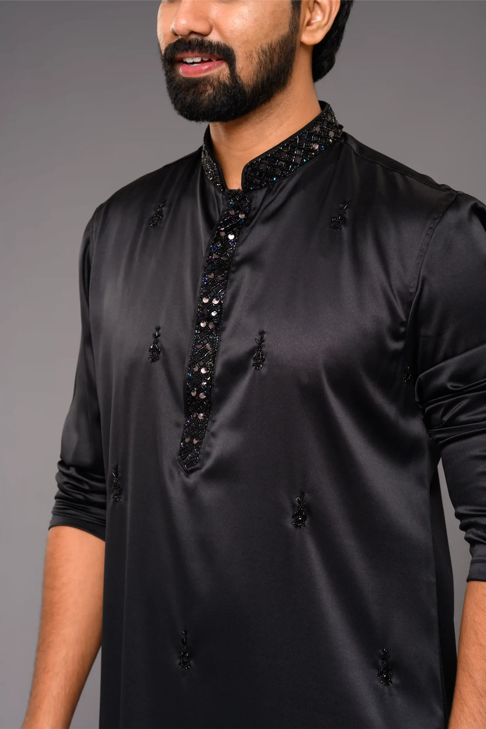 Festive Glossy Black Kurta with Hand Embroidery Detailing (Kurta Only)