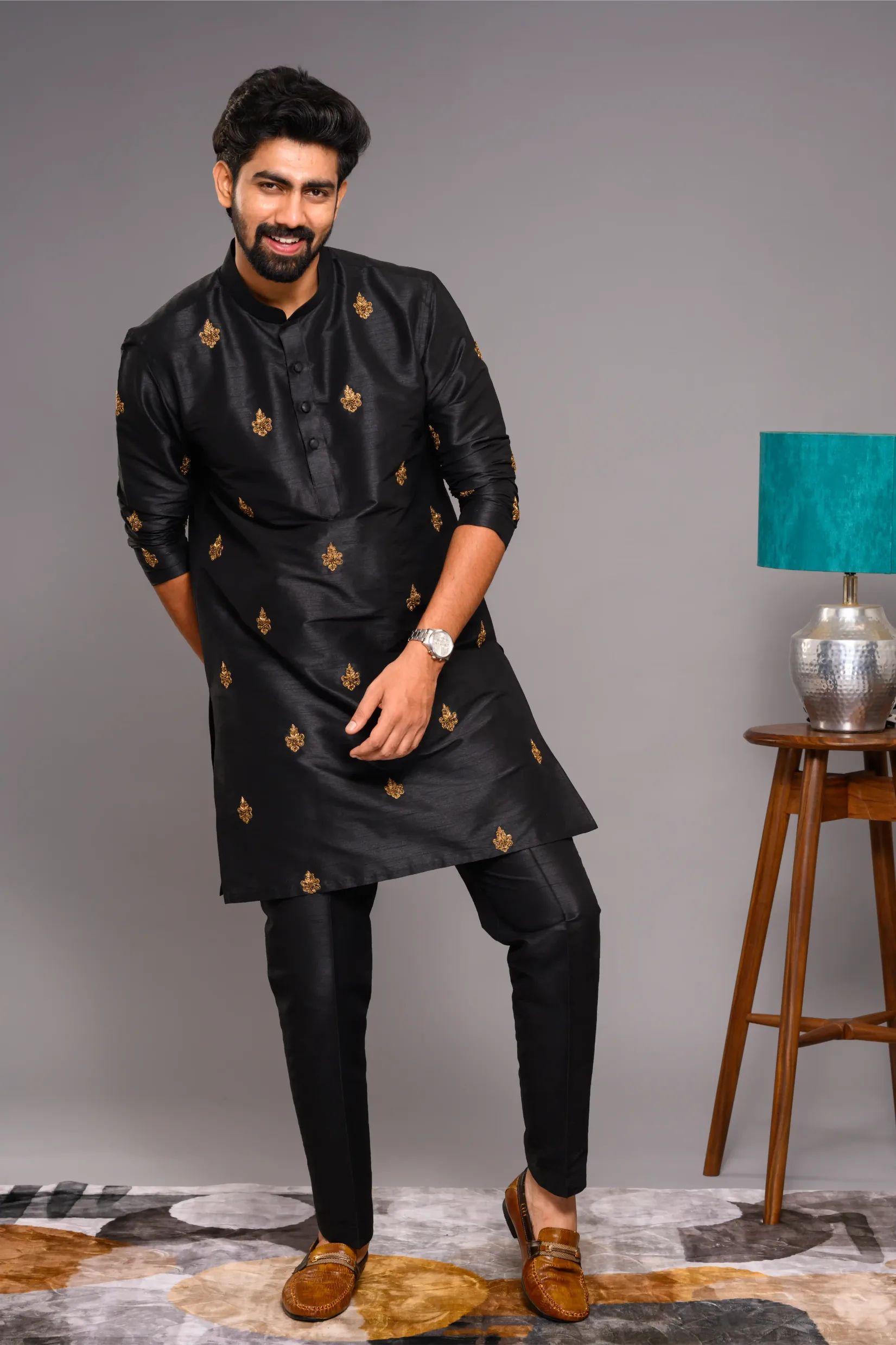 Black Silk Kurta with Golden Hand Embroidered Thread Detailing (Kurta Only)