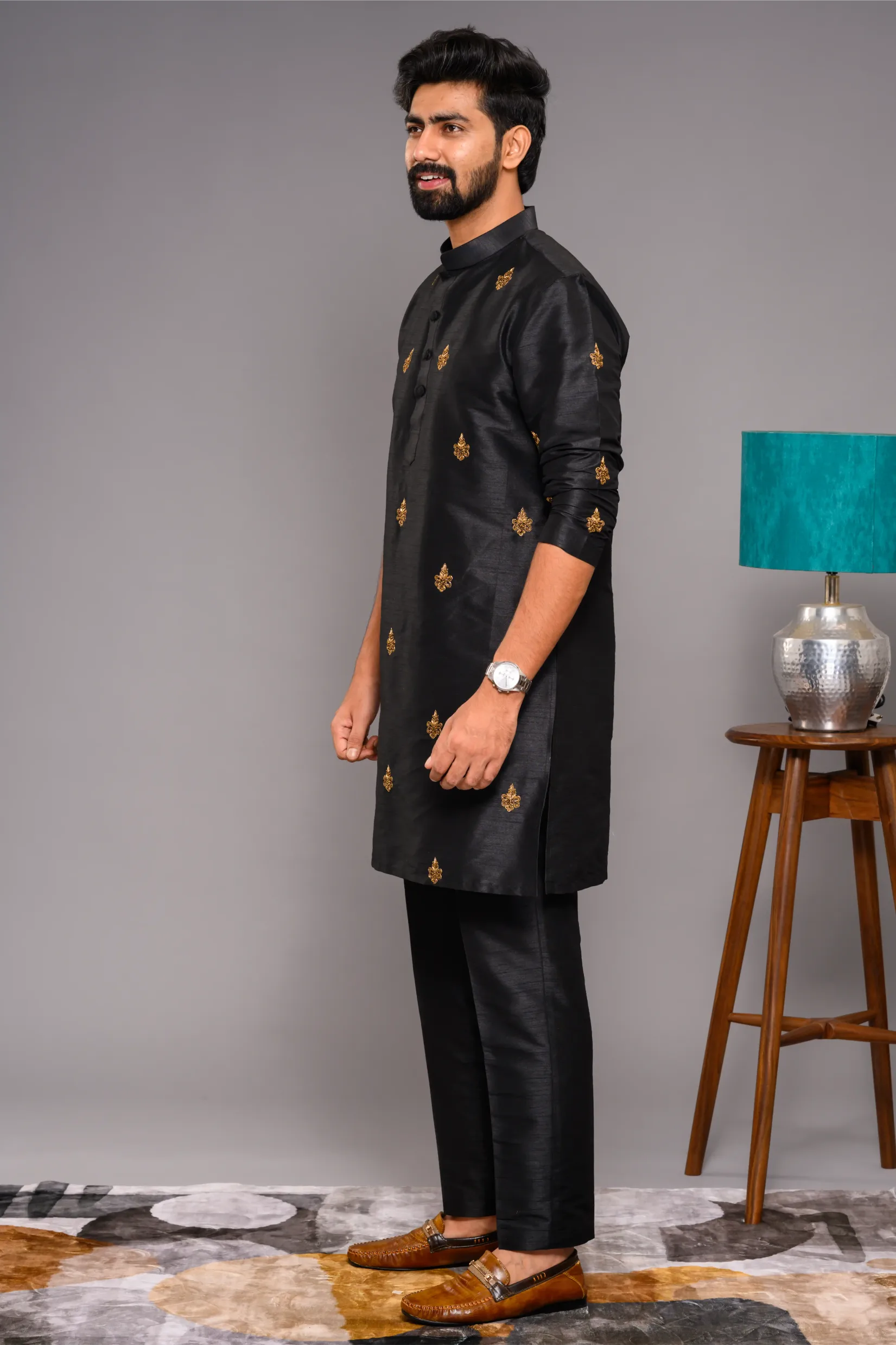 Black Silk Kurta with Golden Hand Embroidered Thread Detailing (Kurta Only)