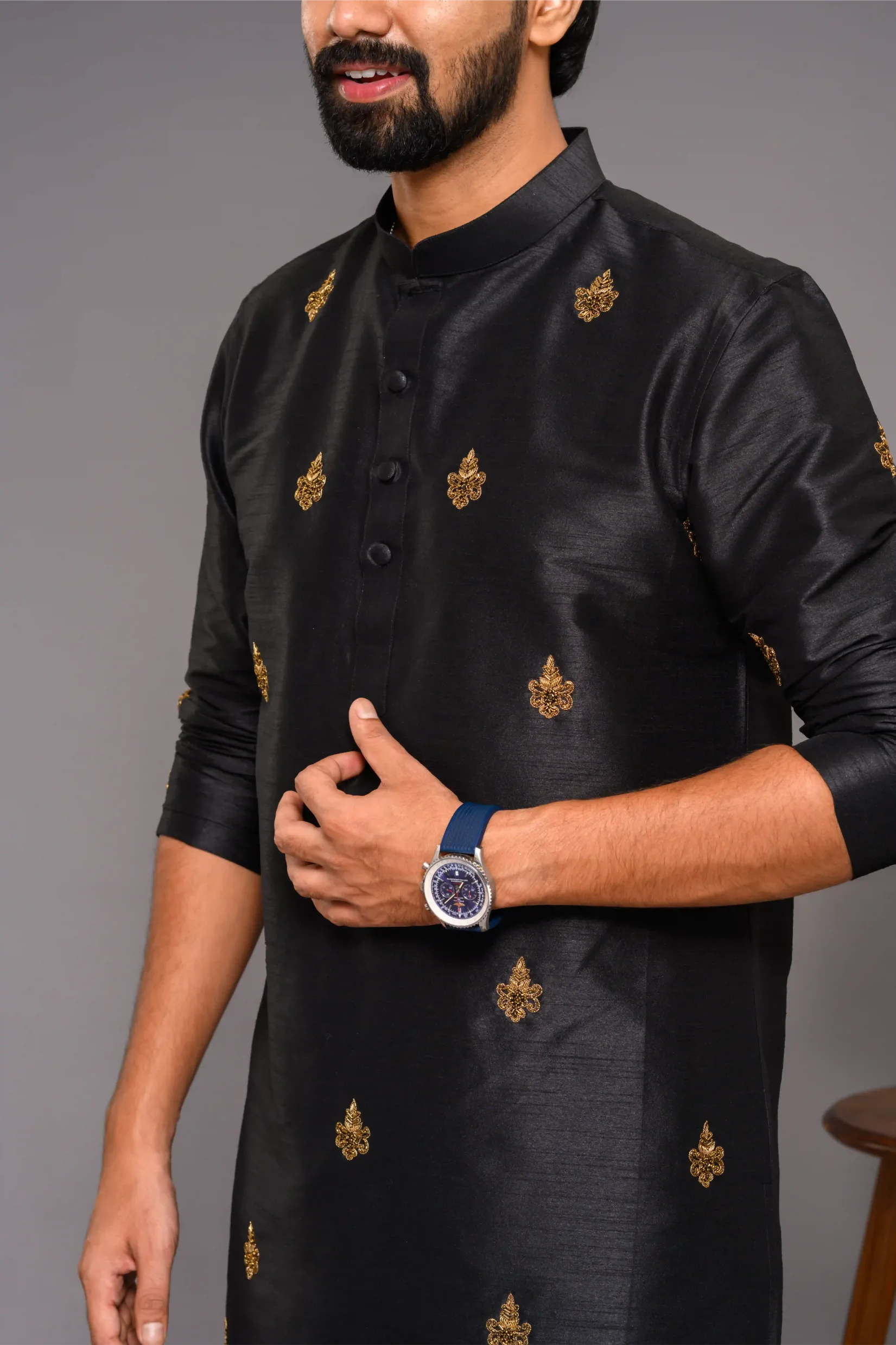Black Silk Kurta with Golden Hand Embroidered Thread Detailing (Kurta Only)