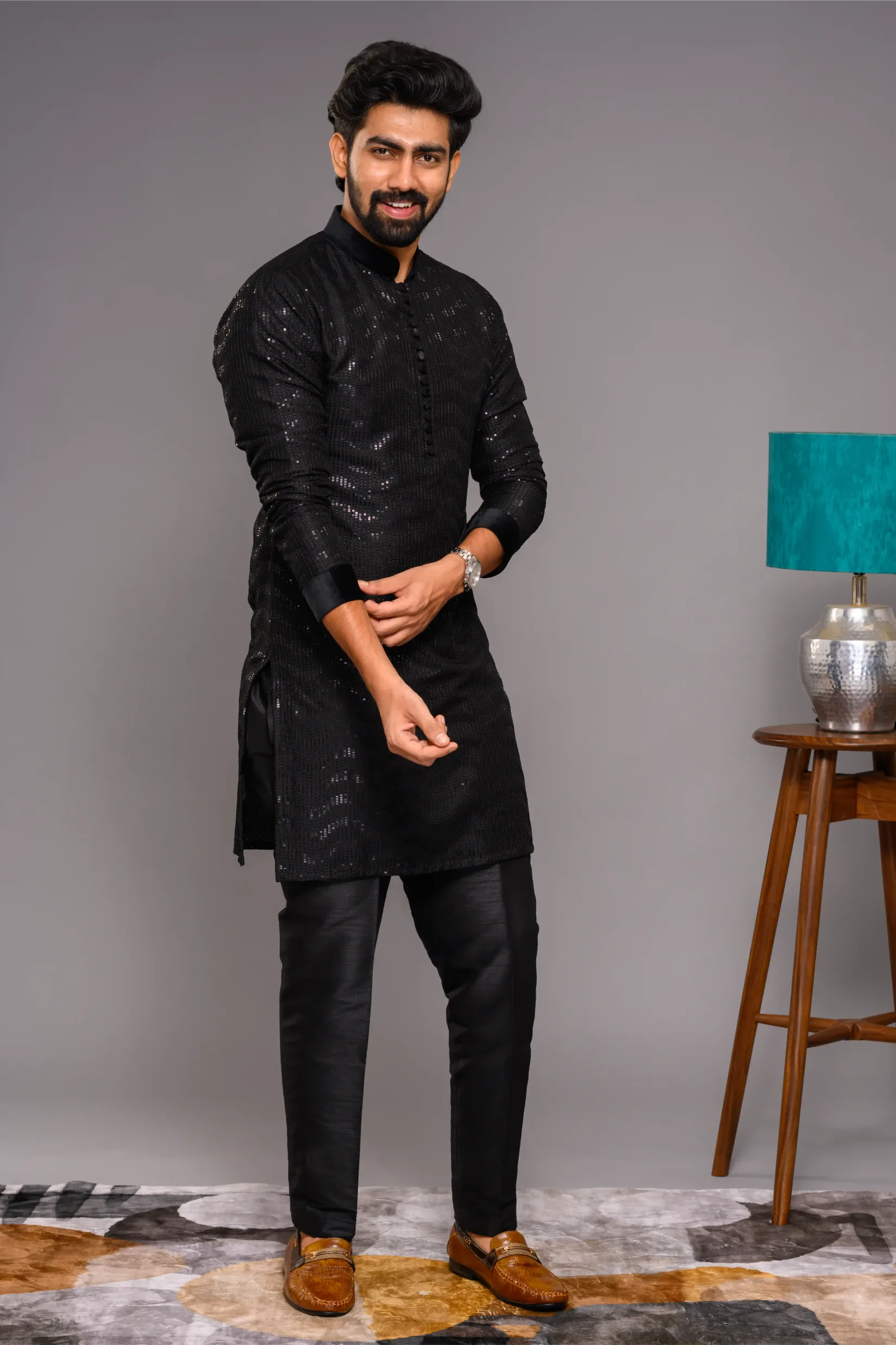 Designer Black Kurta with Glossy Self Surface Embroidery with Velvet Neck & Sleeve edge detailing (Kurta Only)