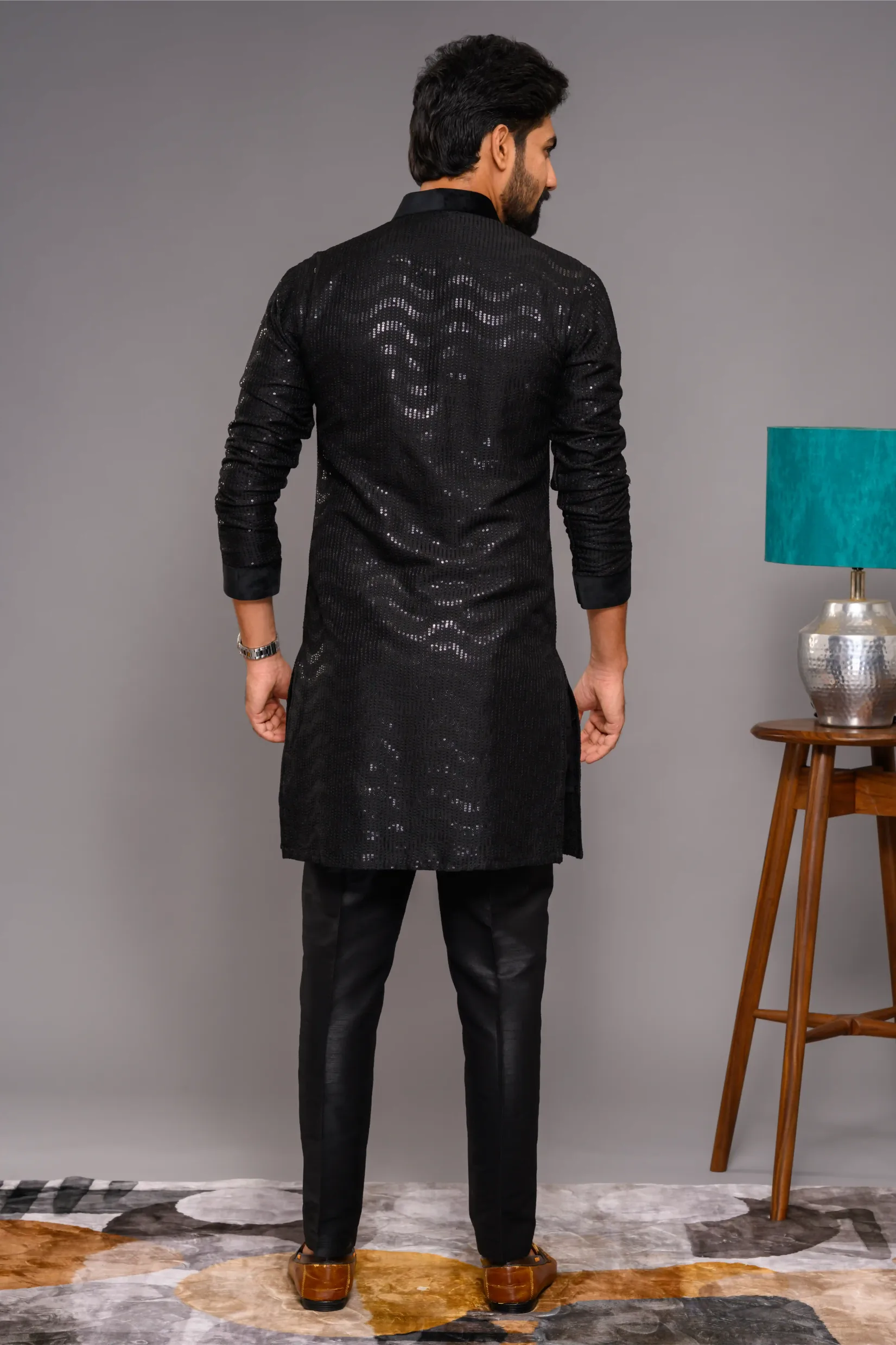 Designer Black Kurta with Glossy Self Surface Embroidery with Velvet Neck & Sleeve edge detailing (Kurta Only)