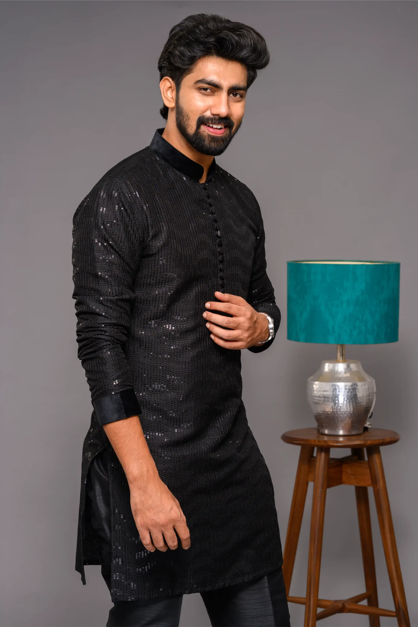 Designer Black Kurta with Glossy Self Surface Embroidery with Velvet Neck & Sleeve edge detailing (Kurta Only)