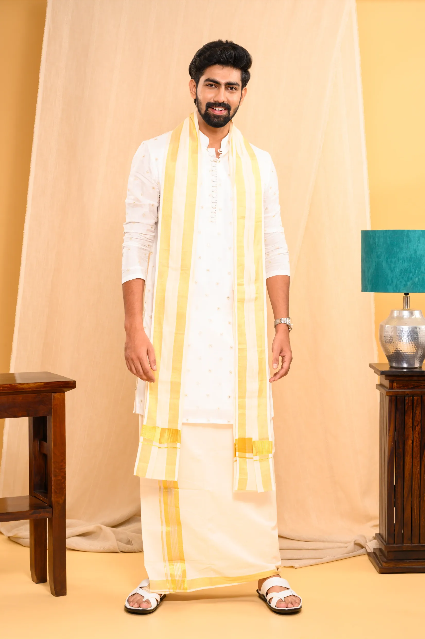 Off- White Silk Kurta with Golden Thread & Sequence Detailing on the body (Kurta Only)