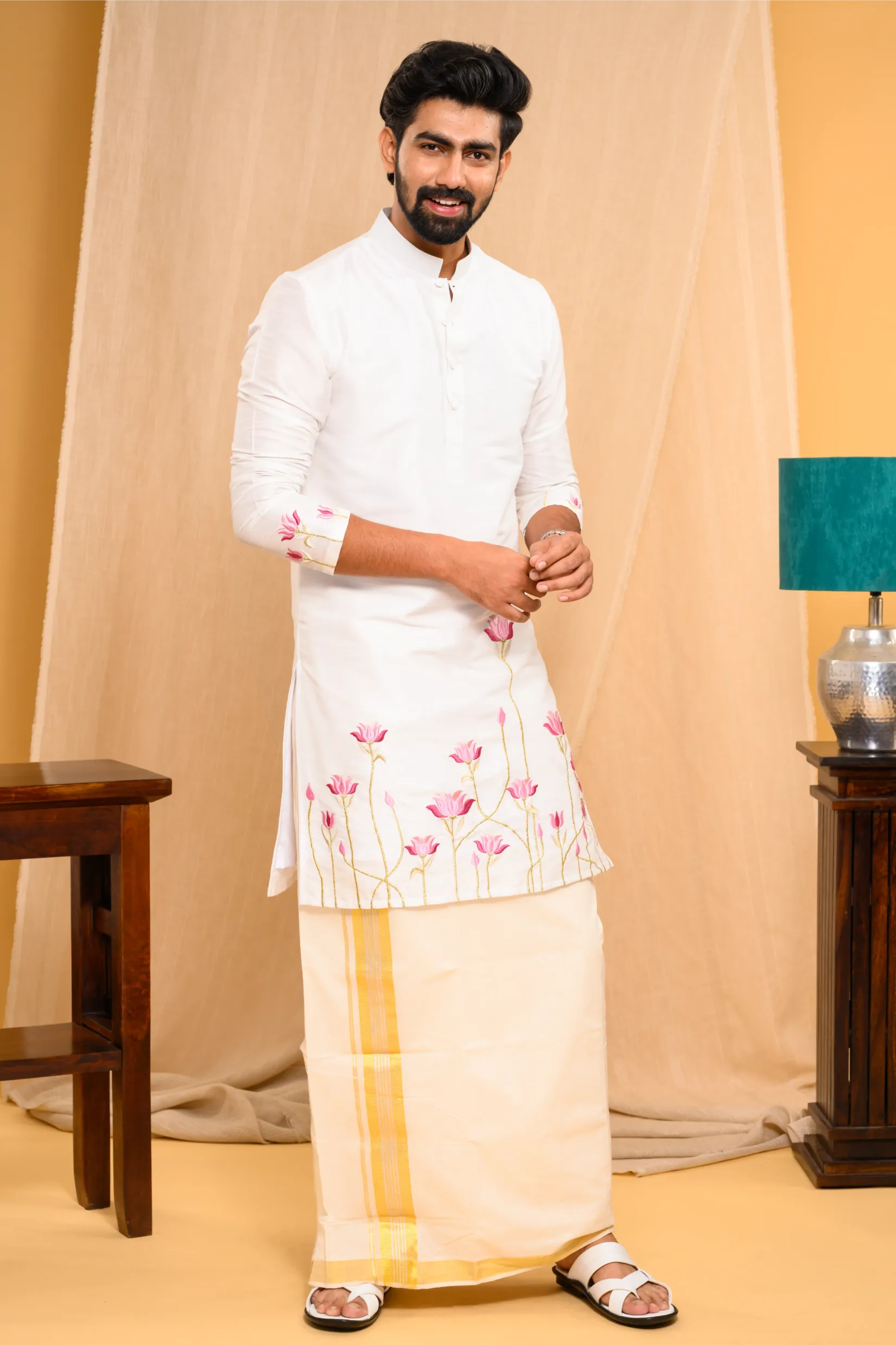Off- White Silk Kurta with floral embroidery detailing on sleeves & bottom edges (Kurta Only)