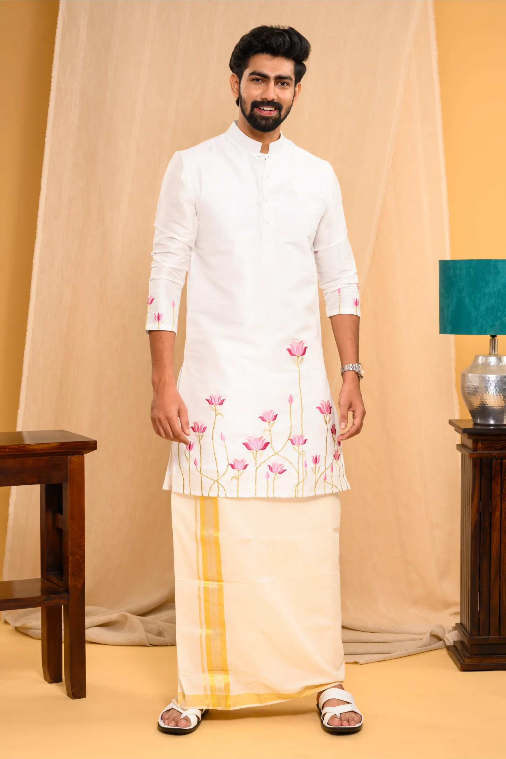 Off- White Silk Kurta with floral embroidery detailing on sleeves & bottom edges (Kurta Only)