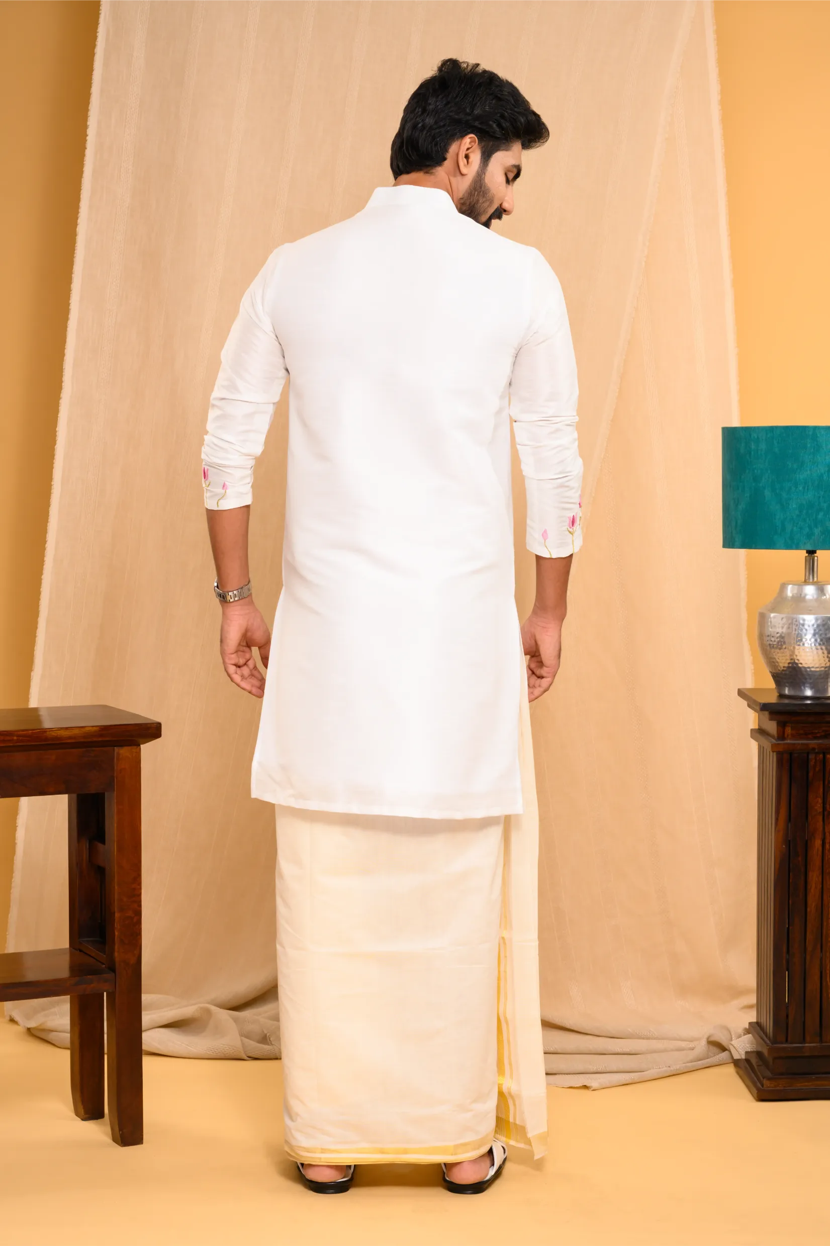 Off- White Silk Kurta with floral embroidery detailing on sleeves & bottom edges (Kurta Only)