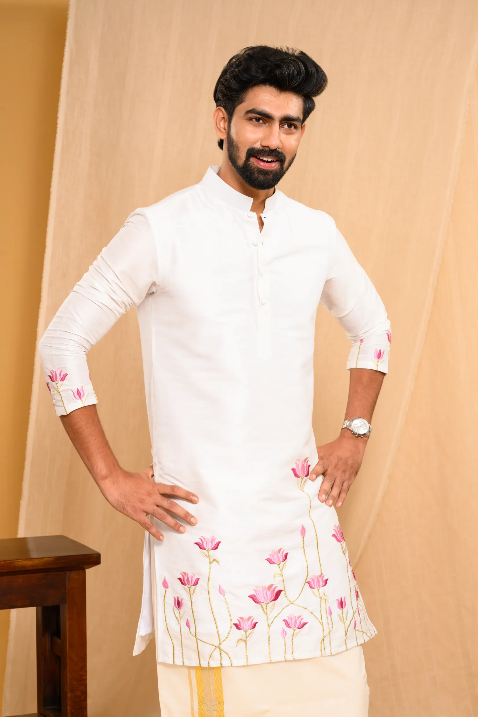 Off- White Silk Kurta with floral embroidery detailing on sleeves & bottom edges (Kurta Only)
