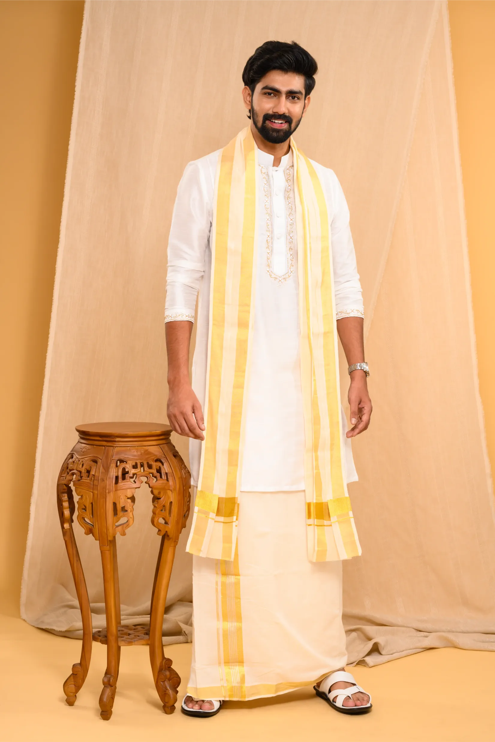 Off- White Silk Kurta with Hand Embroidery detailing on placket, neck border & sleeve edge (Kurta Only)