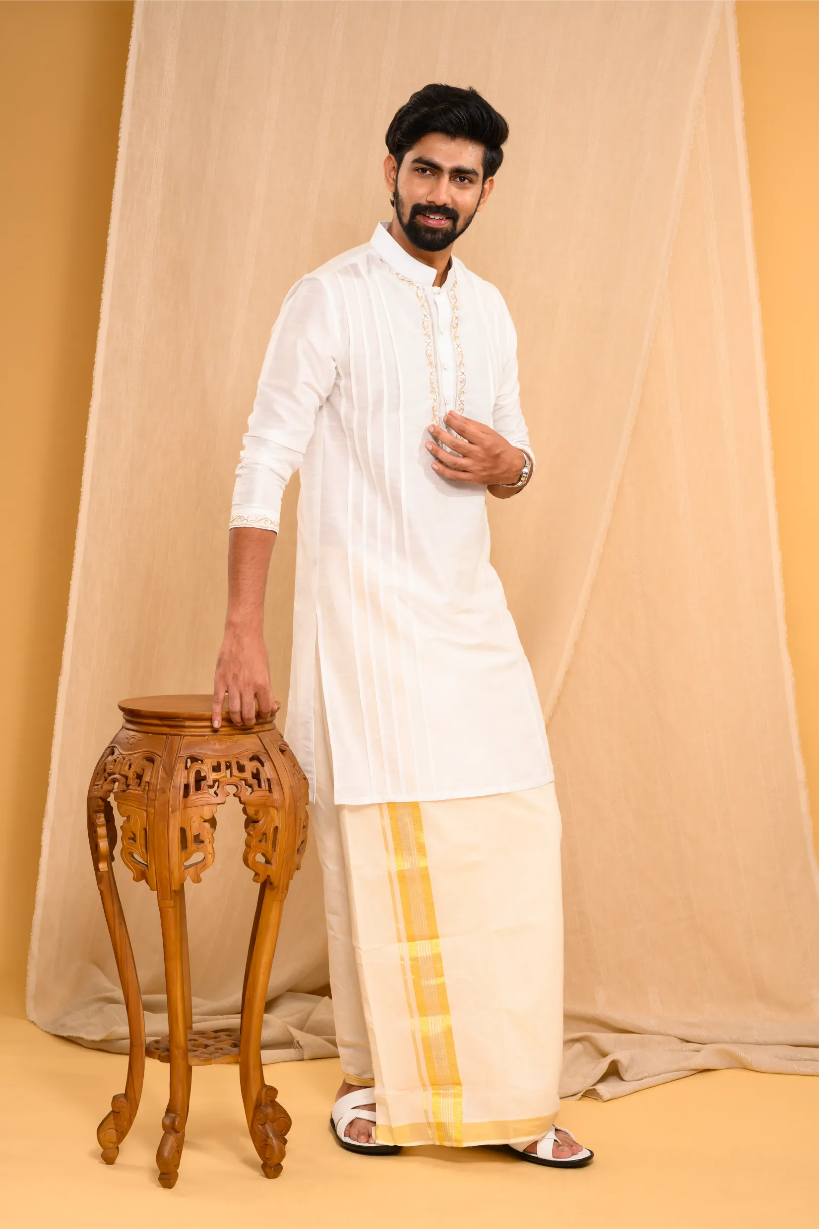 Off- White Silk Kurta with Hand Embroidery detailing on placket, neck border & sleeve edge (Kurta Only)