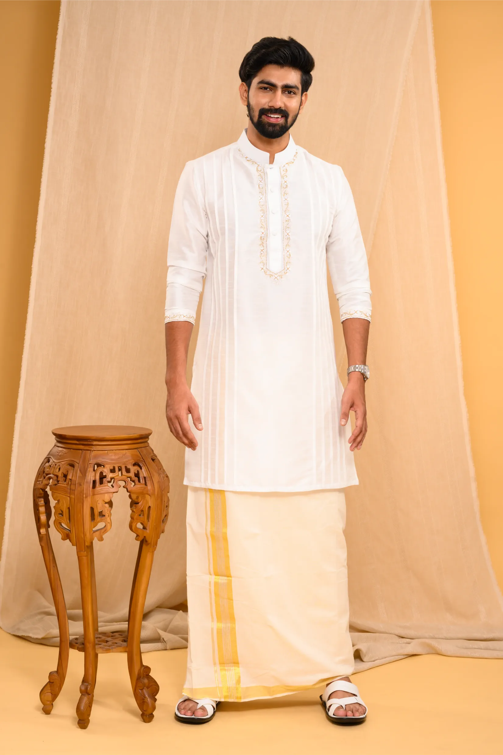 Off- White Silk Kurta with Hand Embroidery detailing on placket, neck border & sleeve edge (Kurta Only)