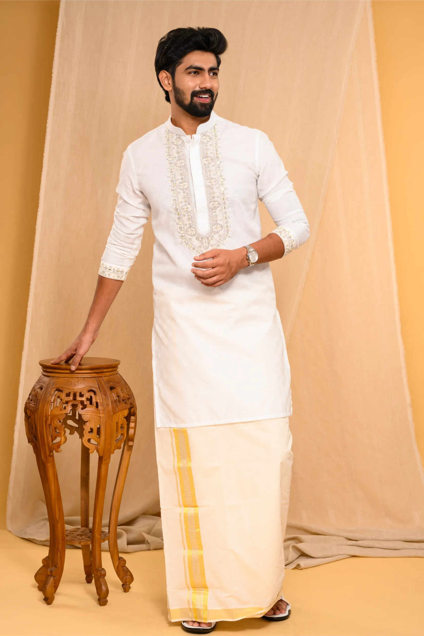 Off- White Silk Kurta with Heavy Hand Embroidery detailing on placket & sleeve edge (Kurta Only)